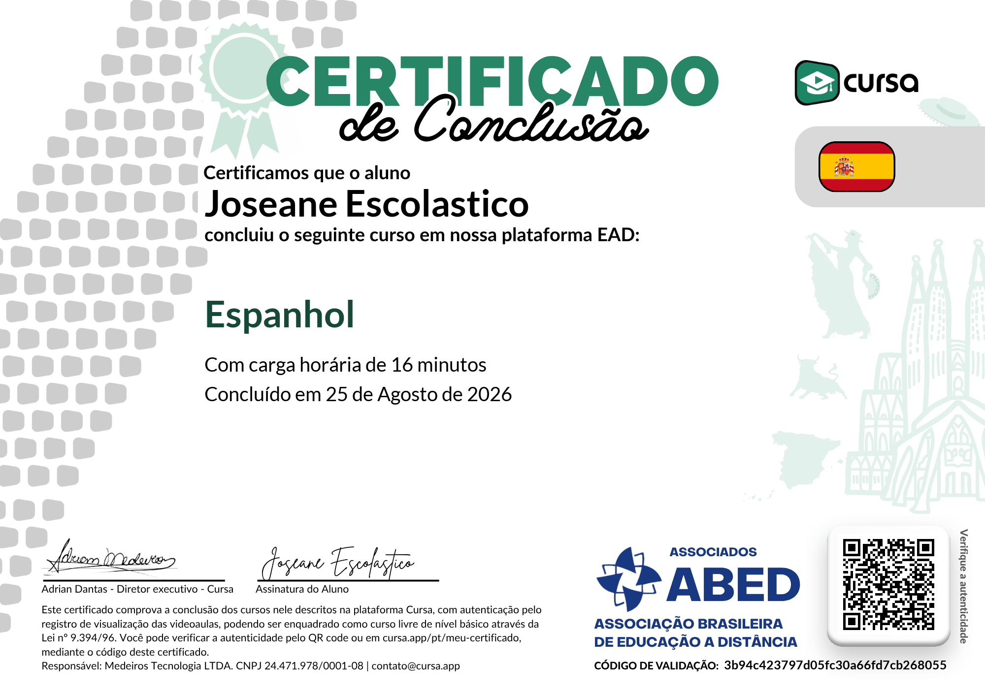 Imagem do meu Certificado gratuito de conclusão de curso.
