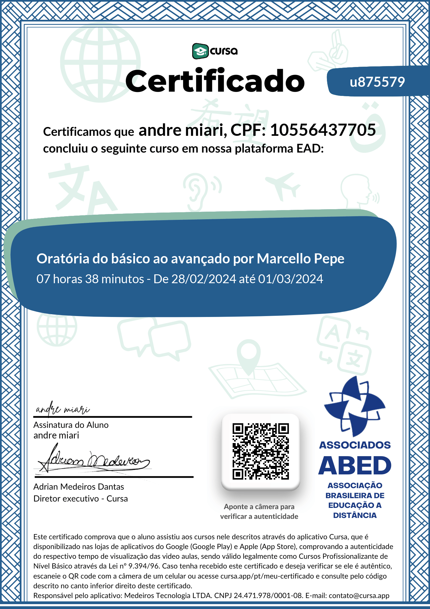 Imagem do meu Certificado gratuito de conclusão de curso.