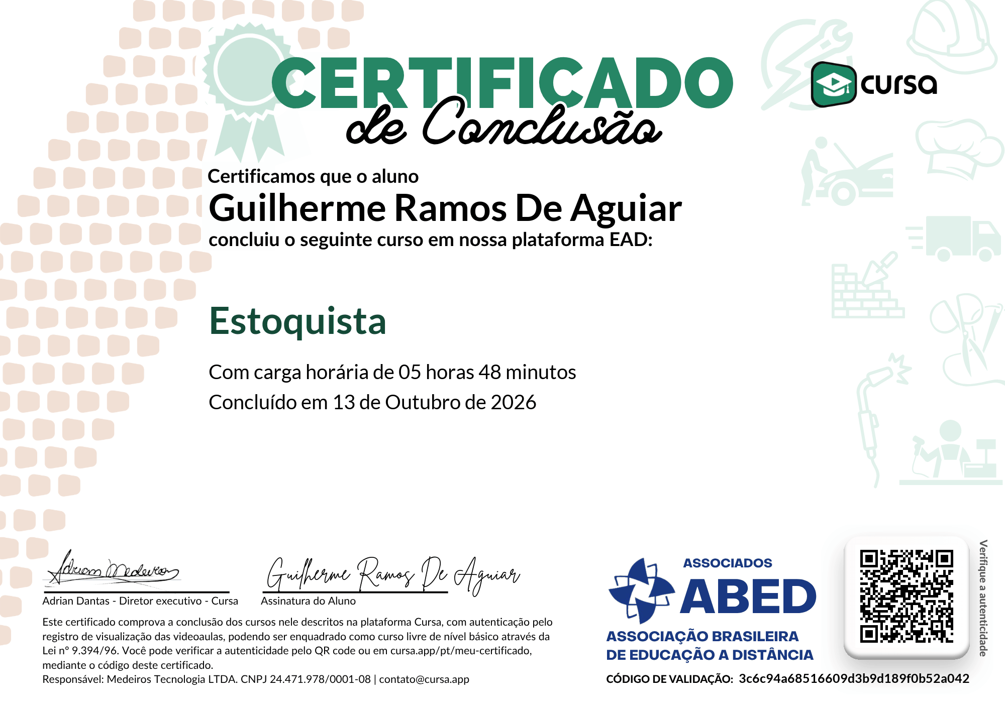 Imagem do meu Certificado gratuito de conclusão de curso.