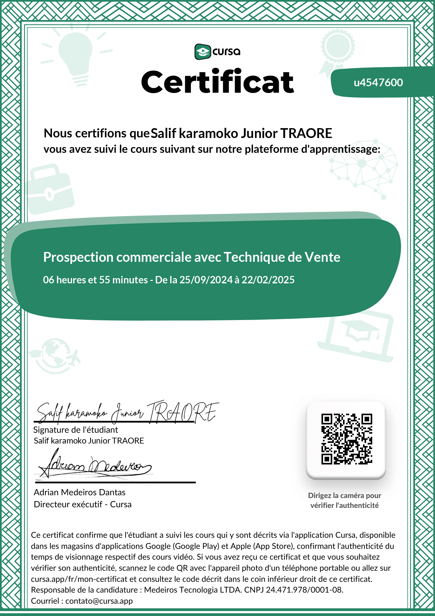 Image de mon certificat de fin de cours gratuit.