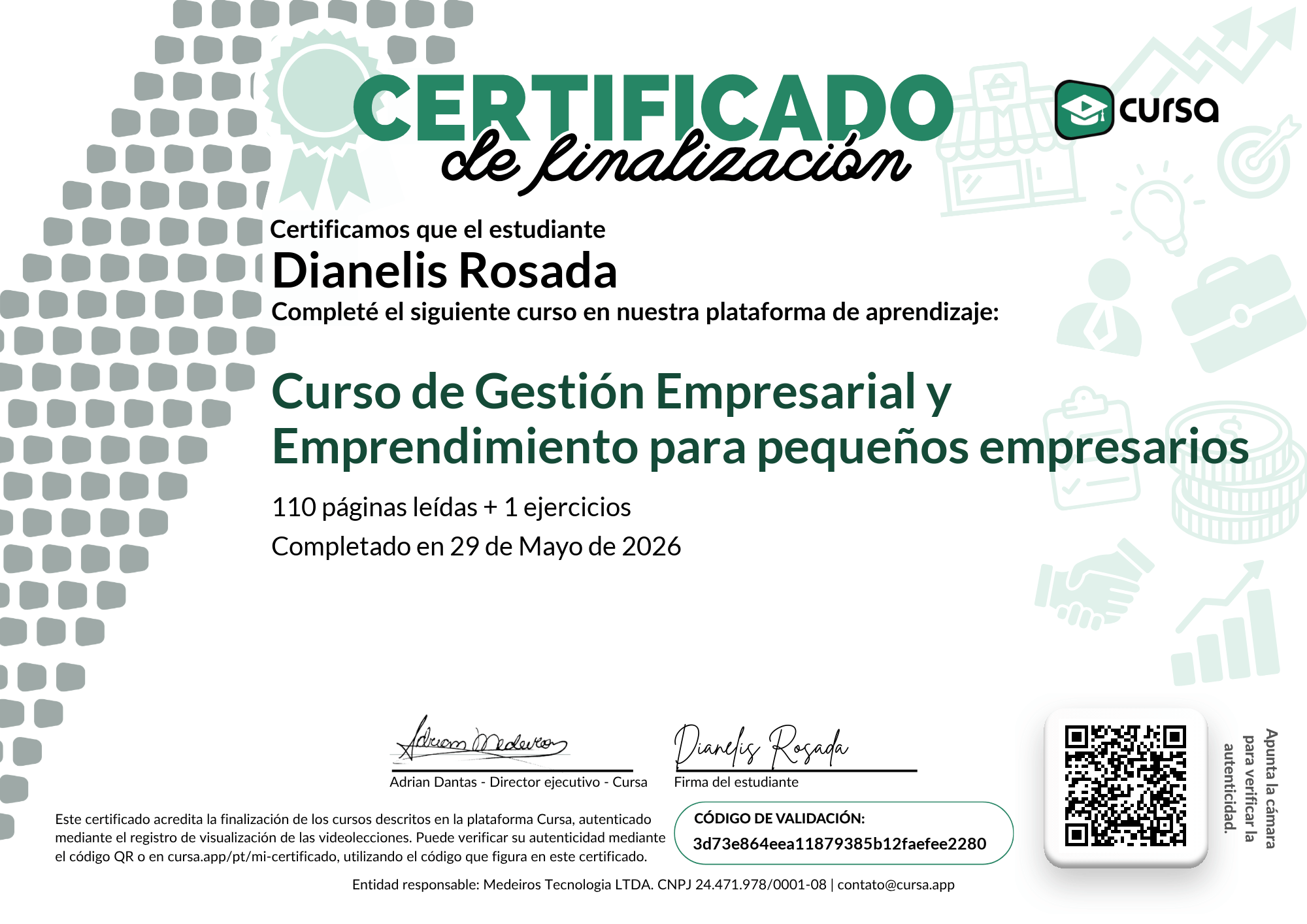 Imagen de mi Certificado de finalización del curso gratuito.