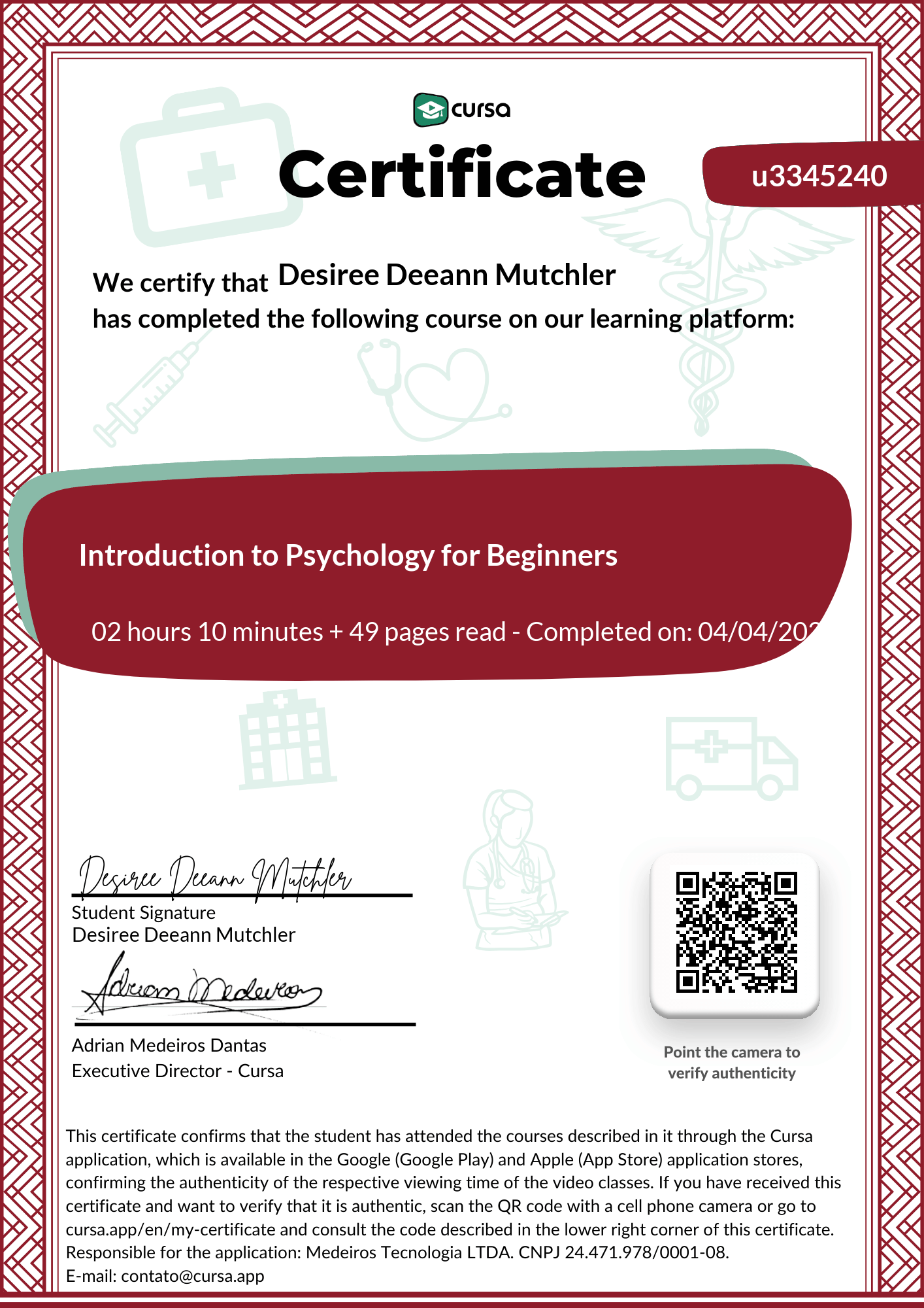 Image of my free Course Completion Certificate.