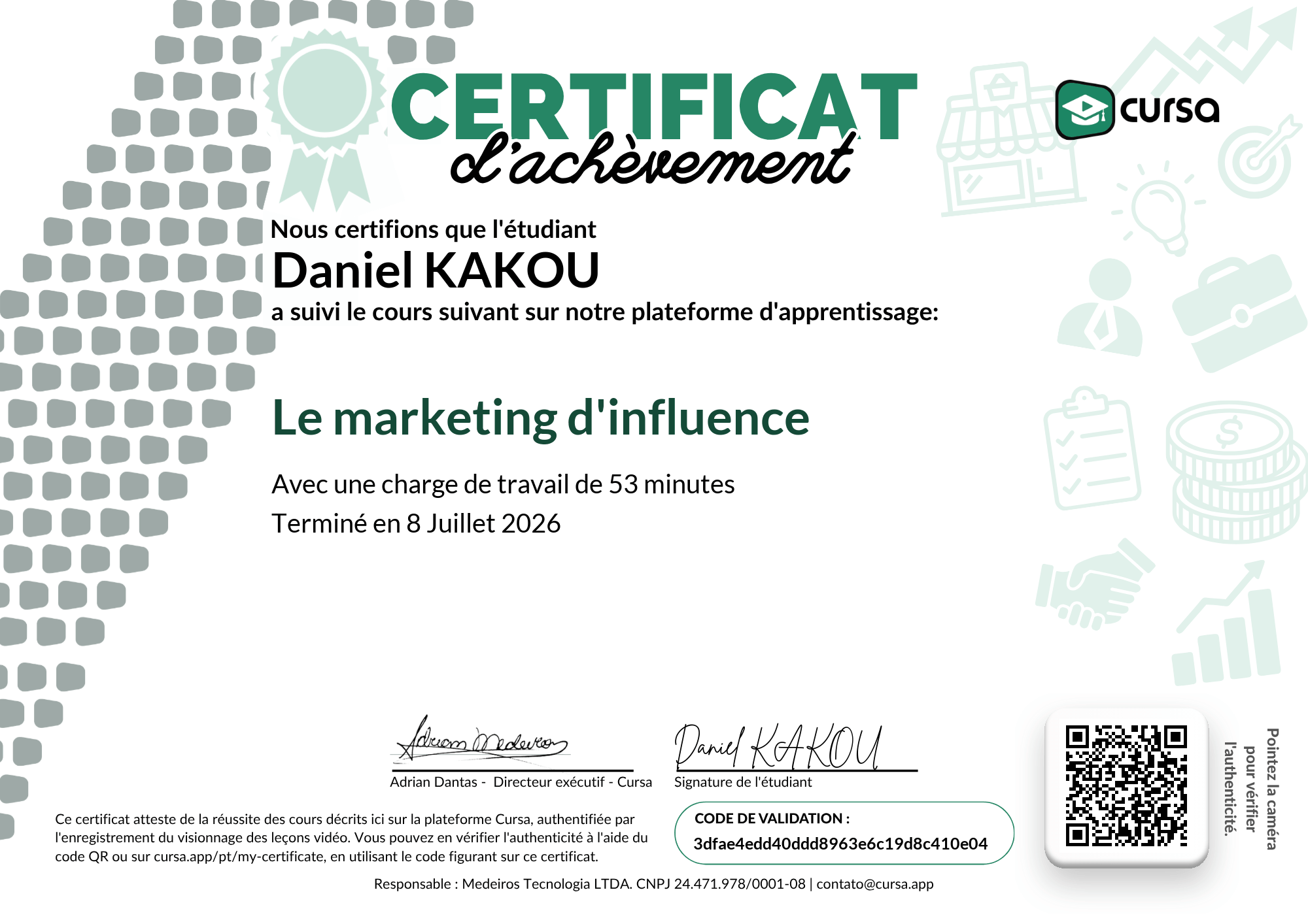 Image de mon certificat de fin de cours gratuit.