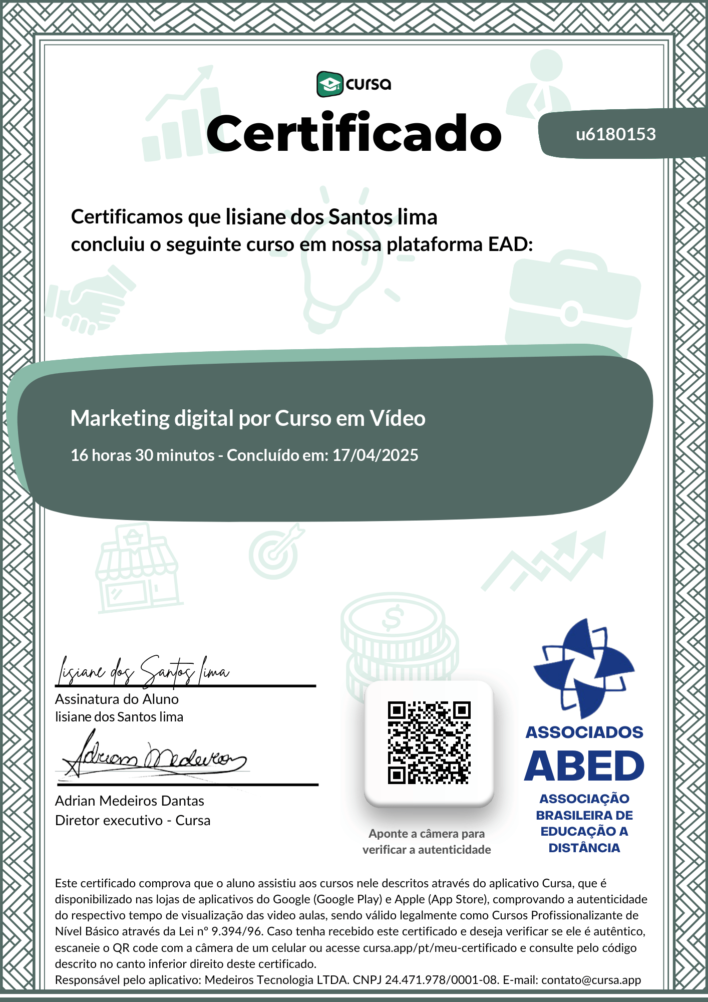 Imagem do meu Certificado gratuito de conclusão de curso.