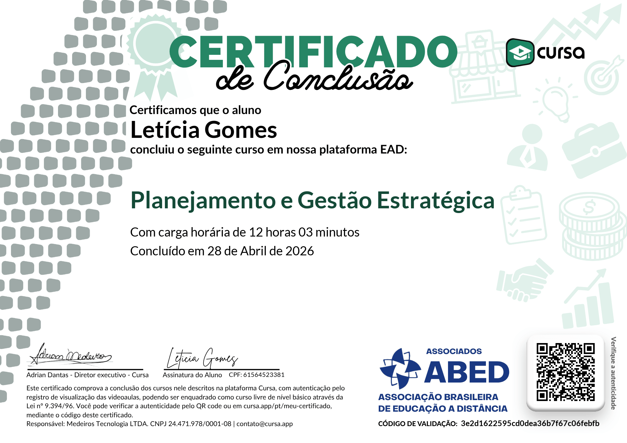 Imagem do meu Certificado gratuito de conclusão de curso.
