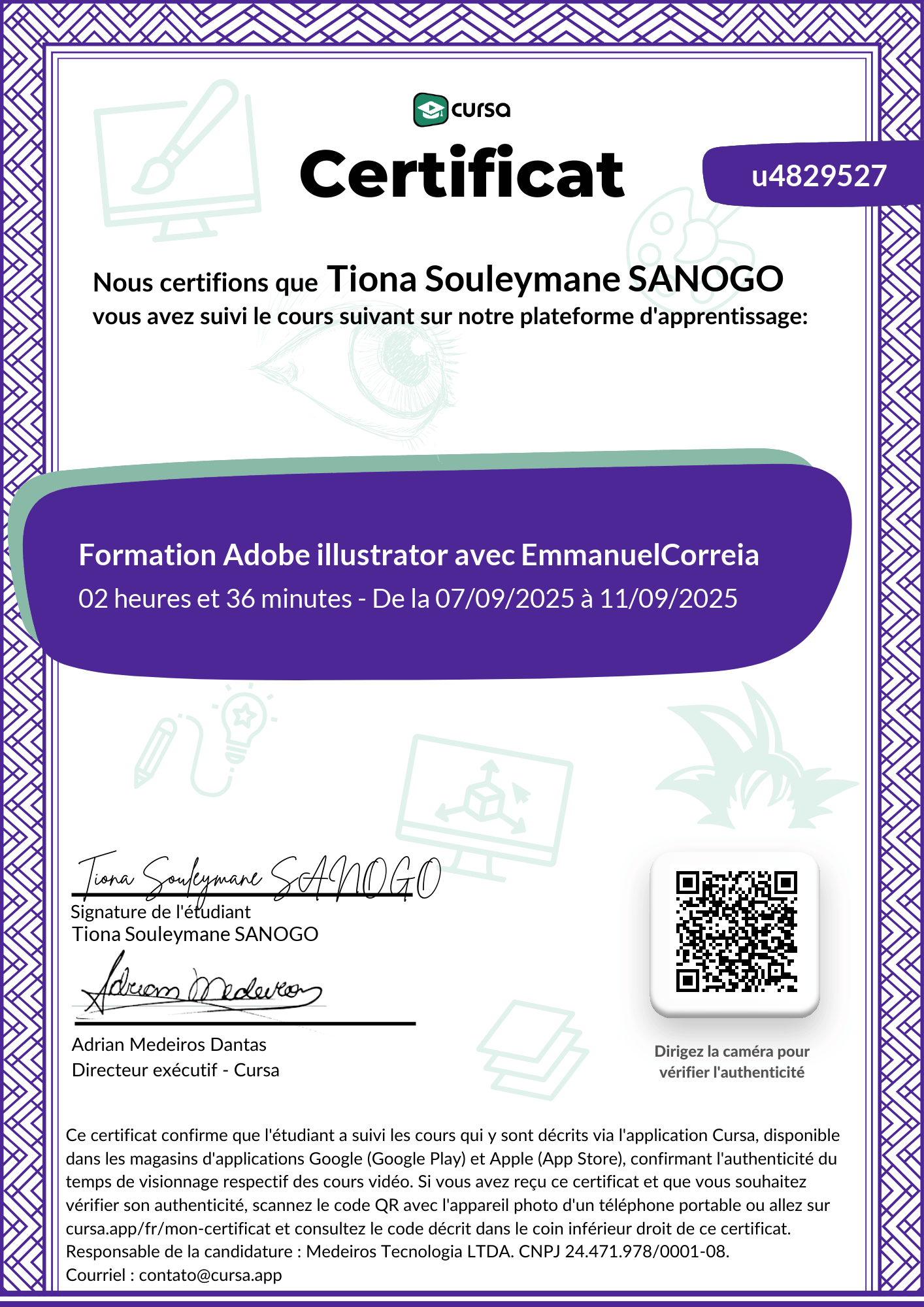 Image de mon certificat de fin de cours gratuit.