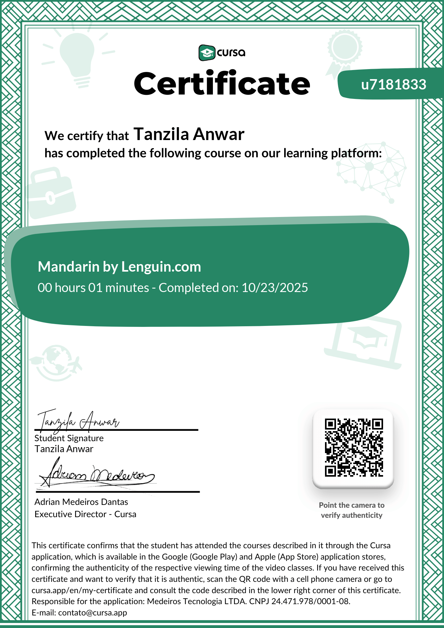Image of my free Course Completion Certificate.