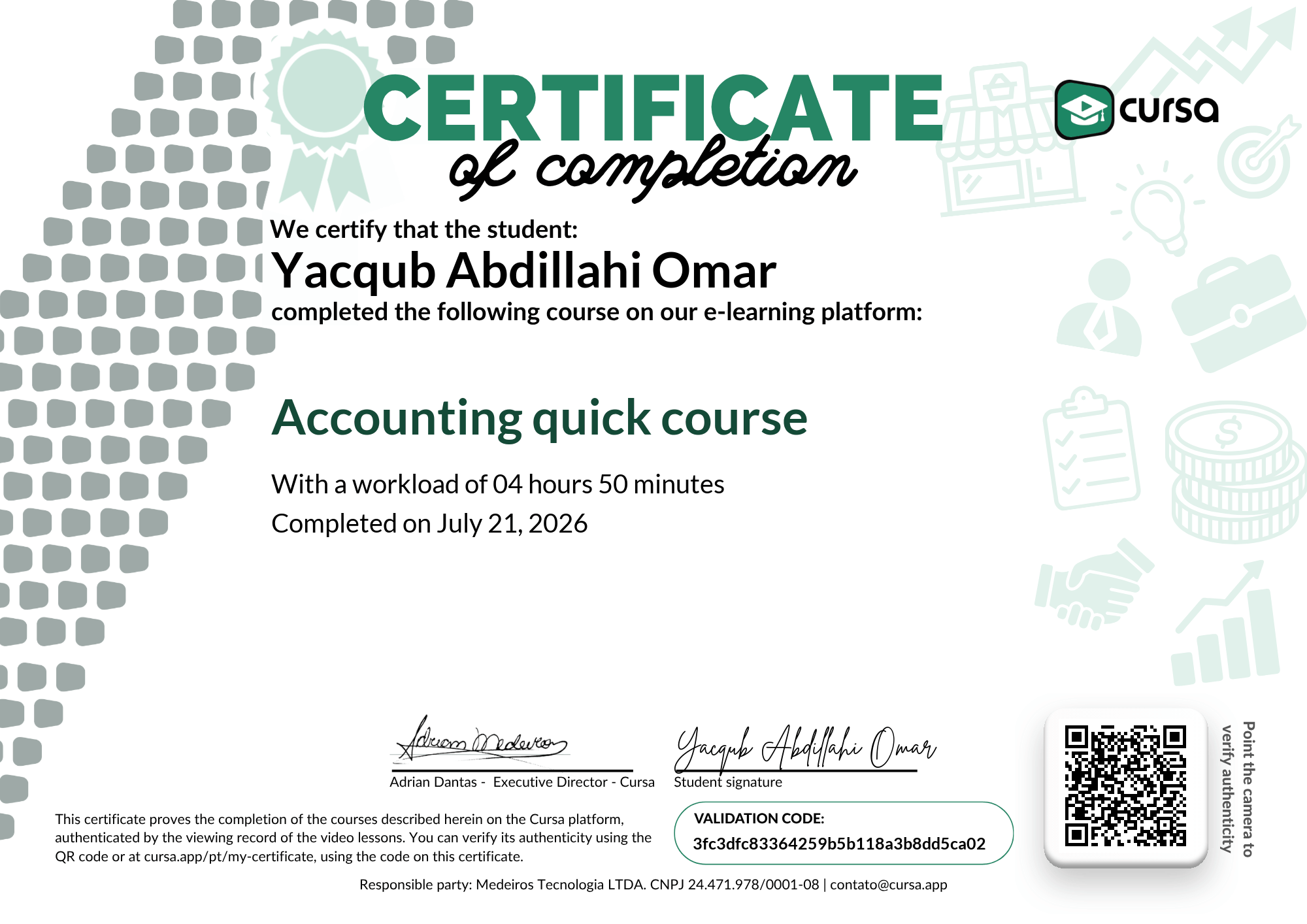 Image of my free Course Completion Certificate.
