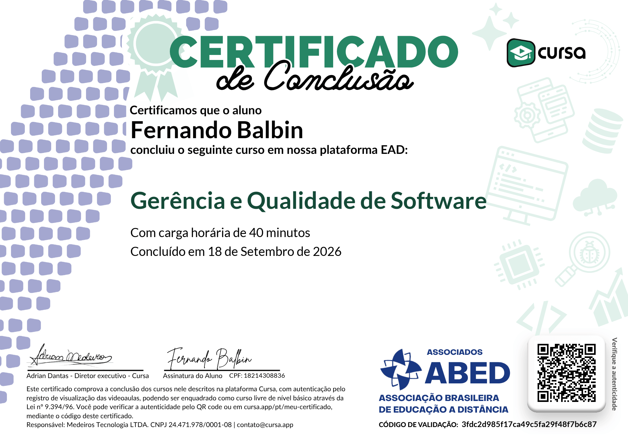 Imagem do meu Certificado gratuito de conclusão de curso.
