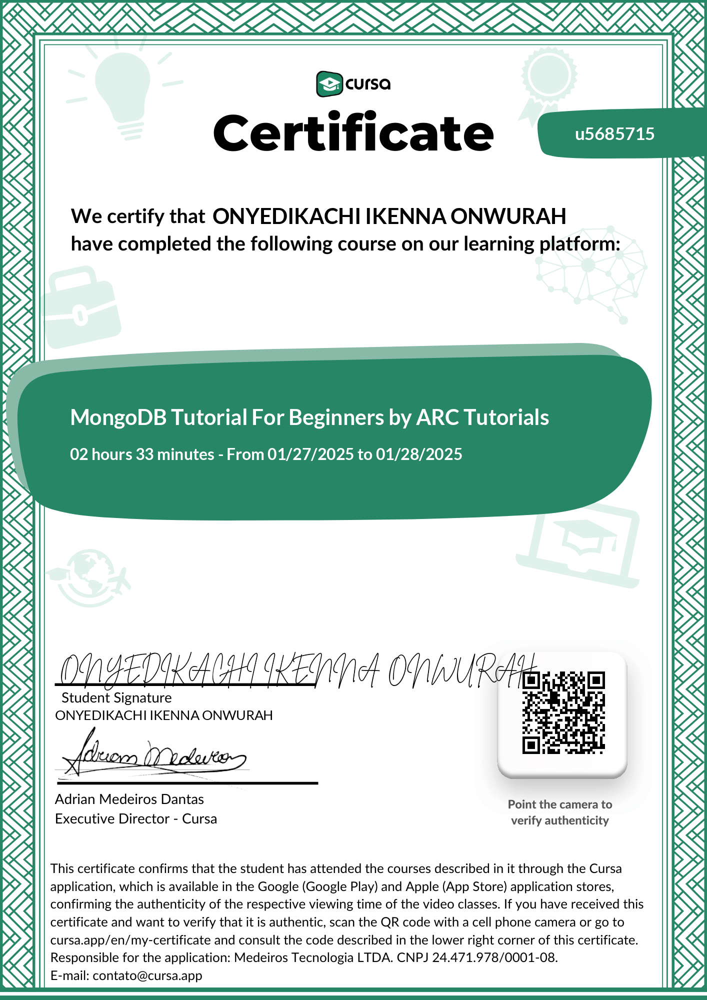 Image of my free Course Completion Certificate.