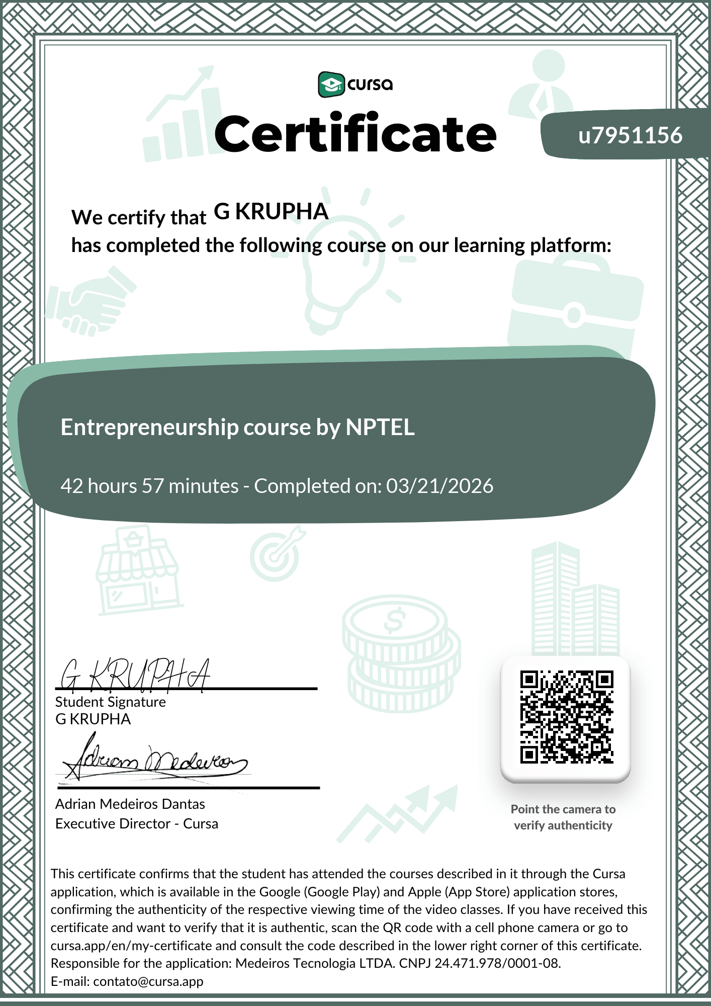 Image of my free Course Completion Certificate.