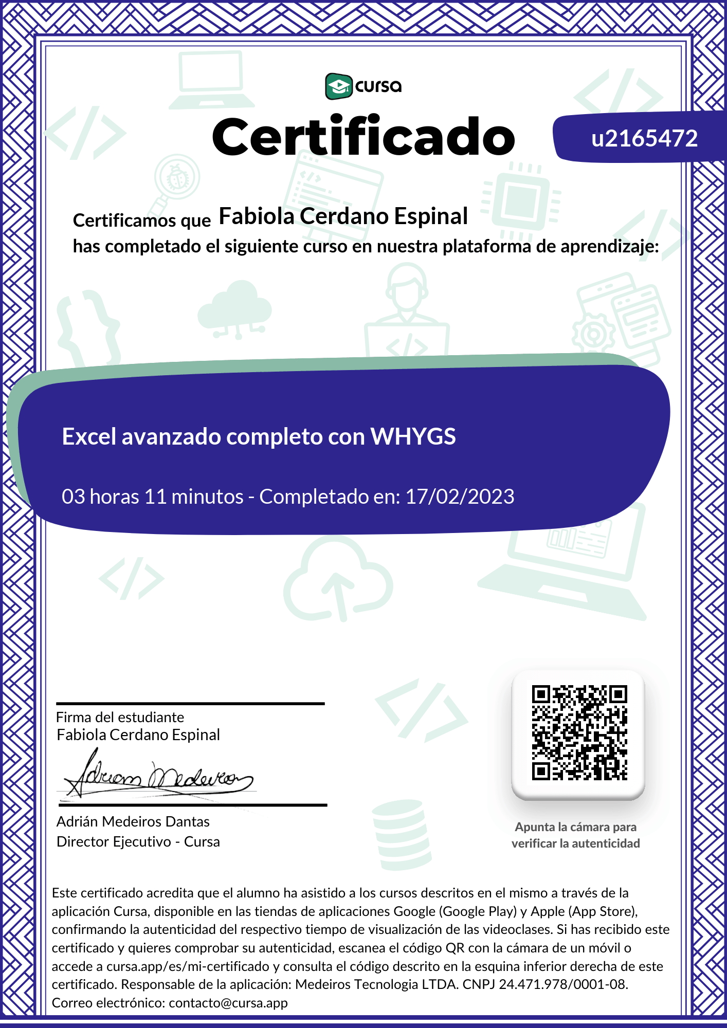 Imagen de mi Certificado de finalización del curso gratuito.
