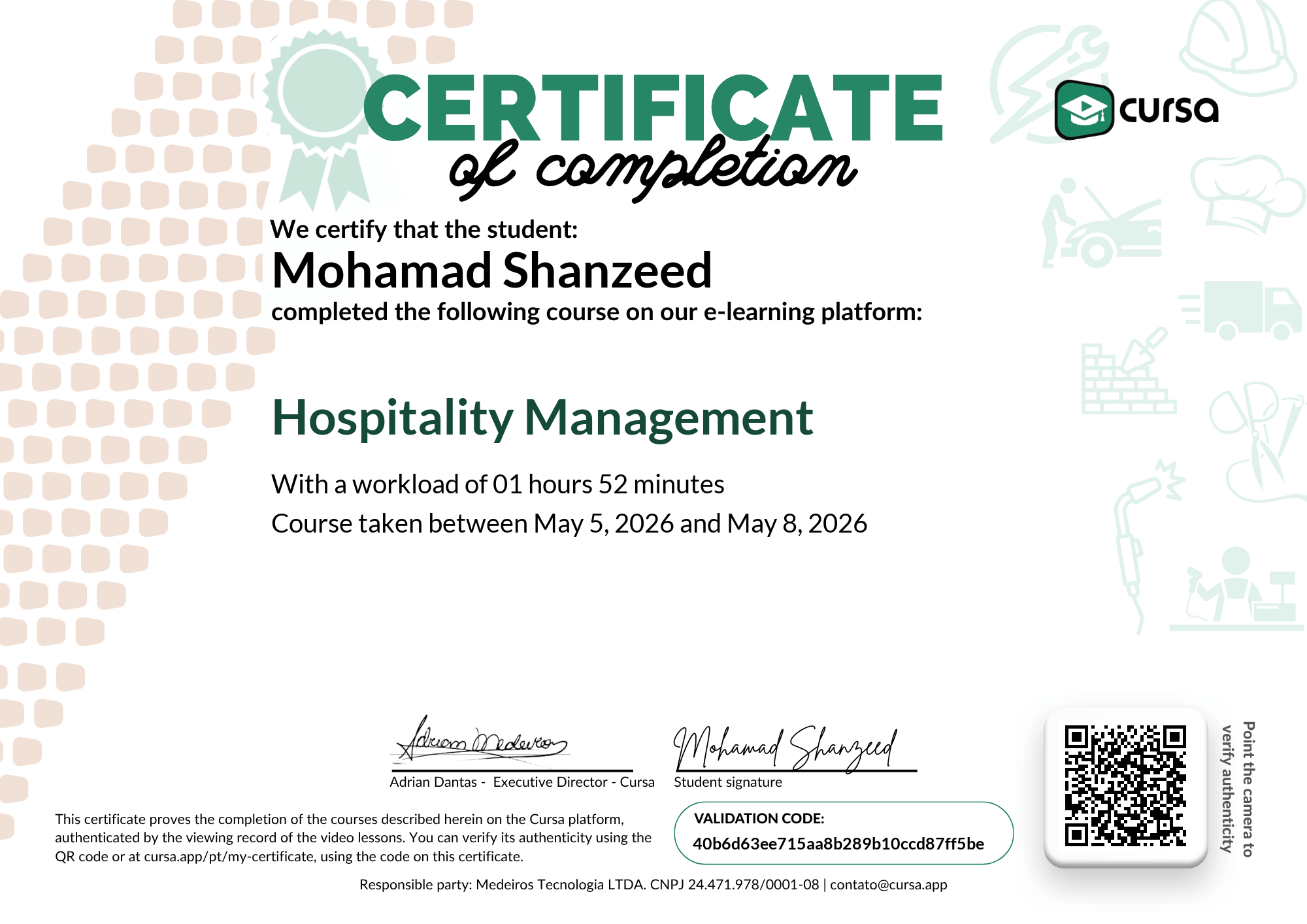 Image of my free Course Completion Certificate.