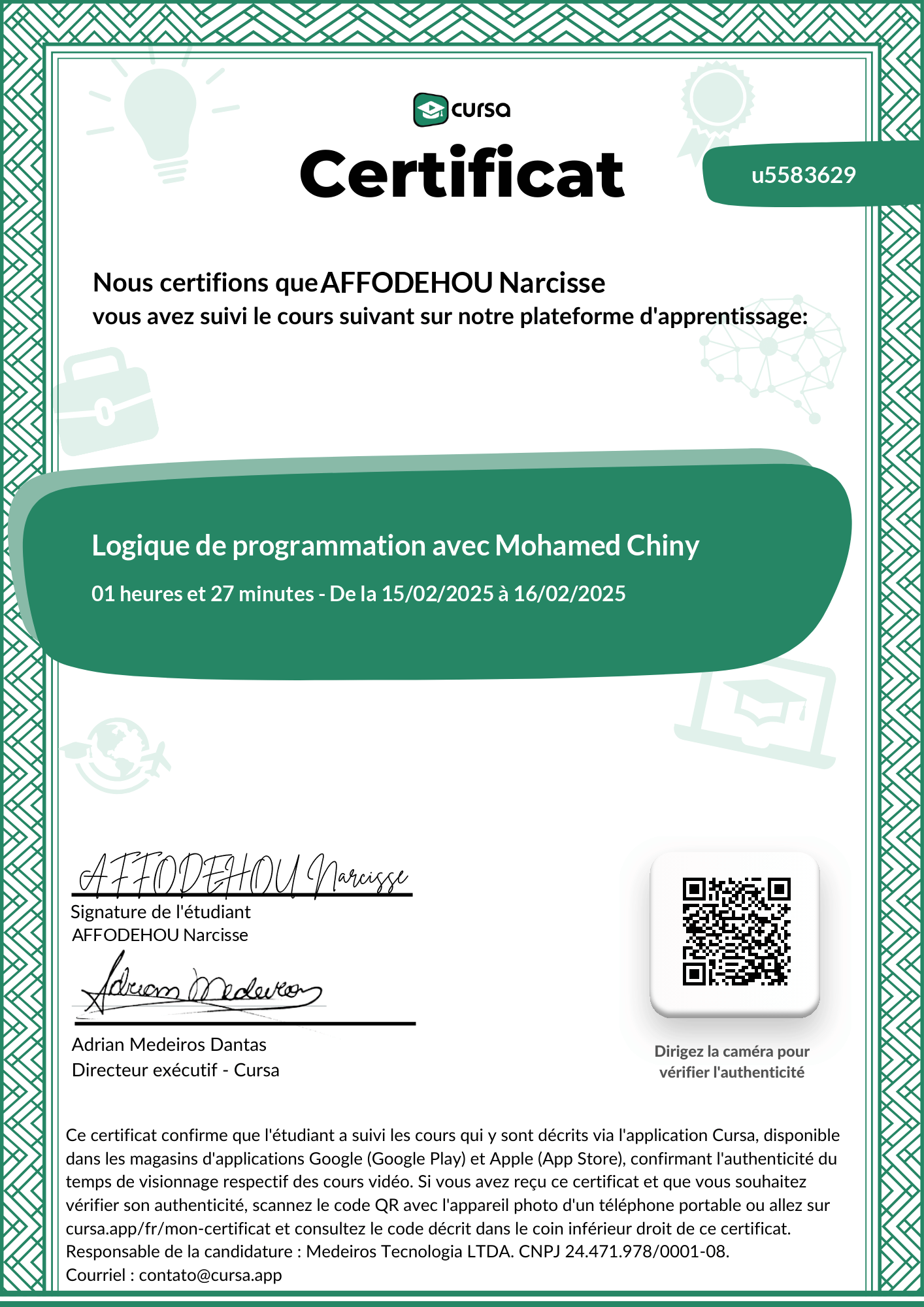 Image de mon certificat de fin de cours gratuit.
