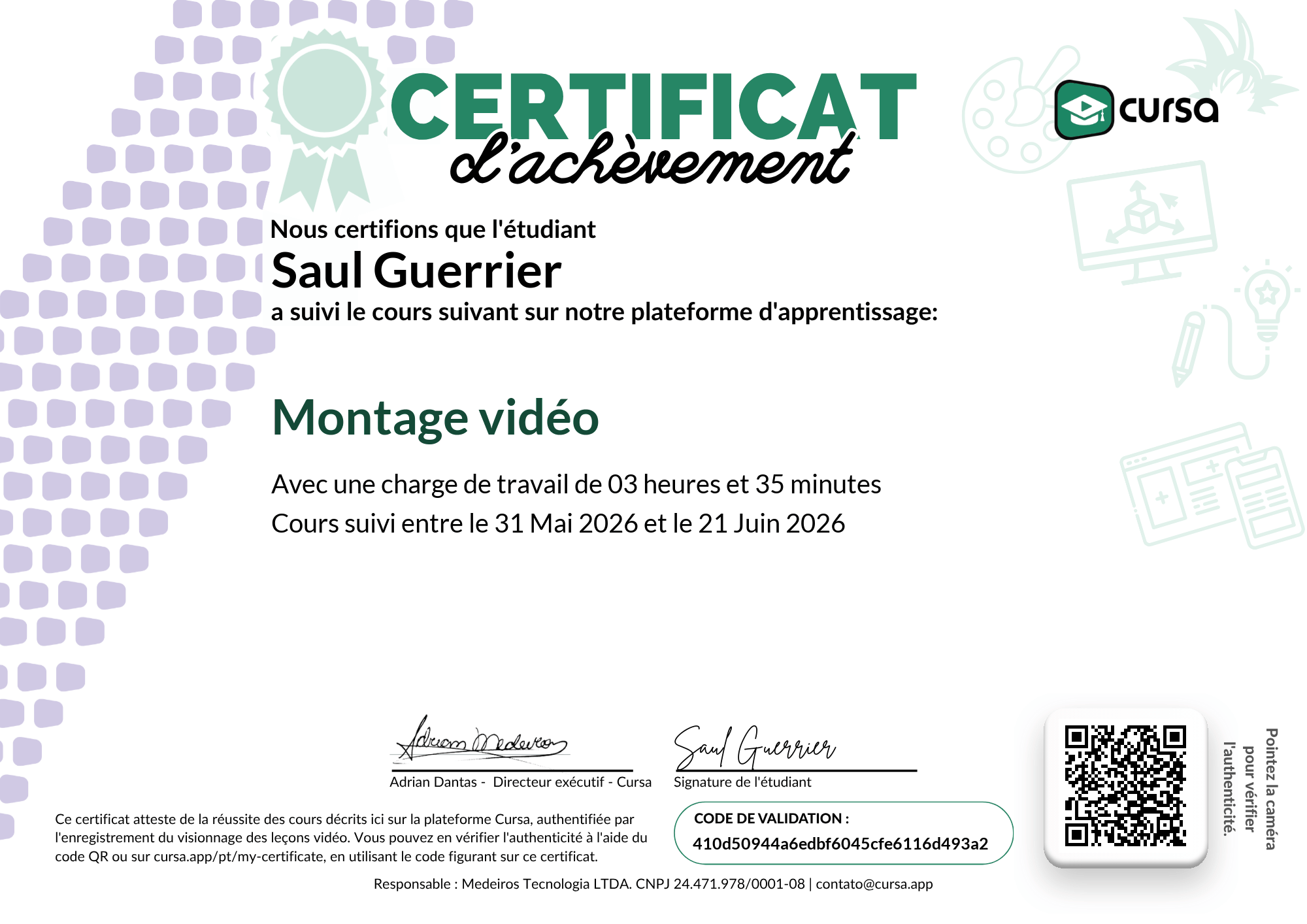 Image de mon certificat de fin de cours gratuit.
