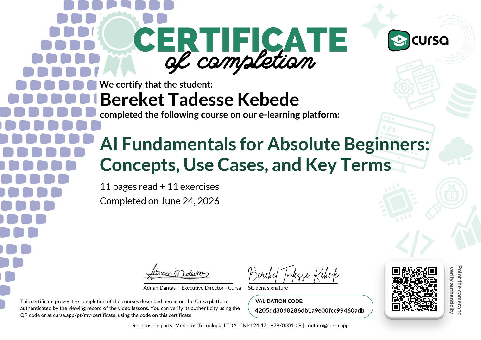 Image of my free Course Completion Certificate.