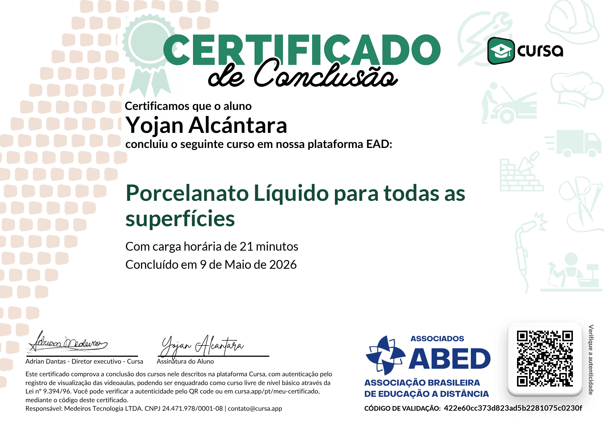 Imagem do meu Certificado gratuito de conclusão de curso.
