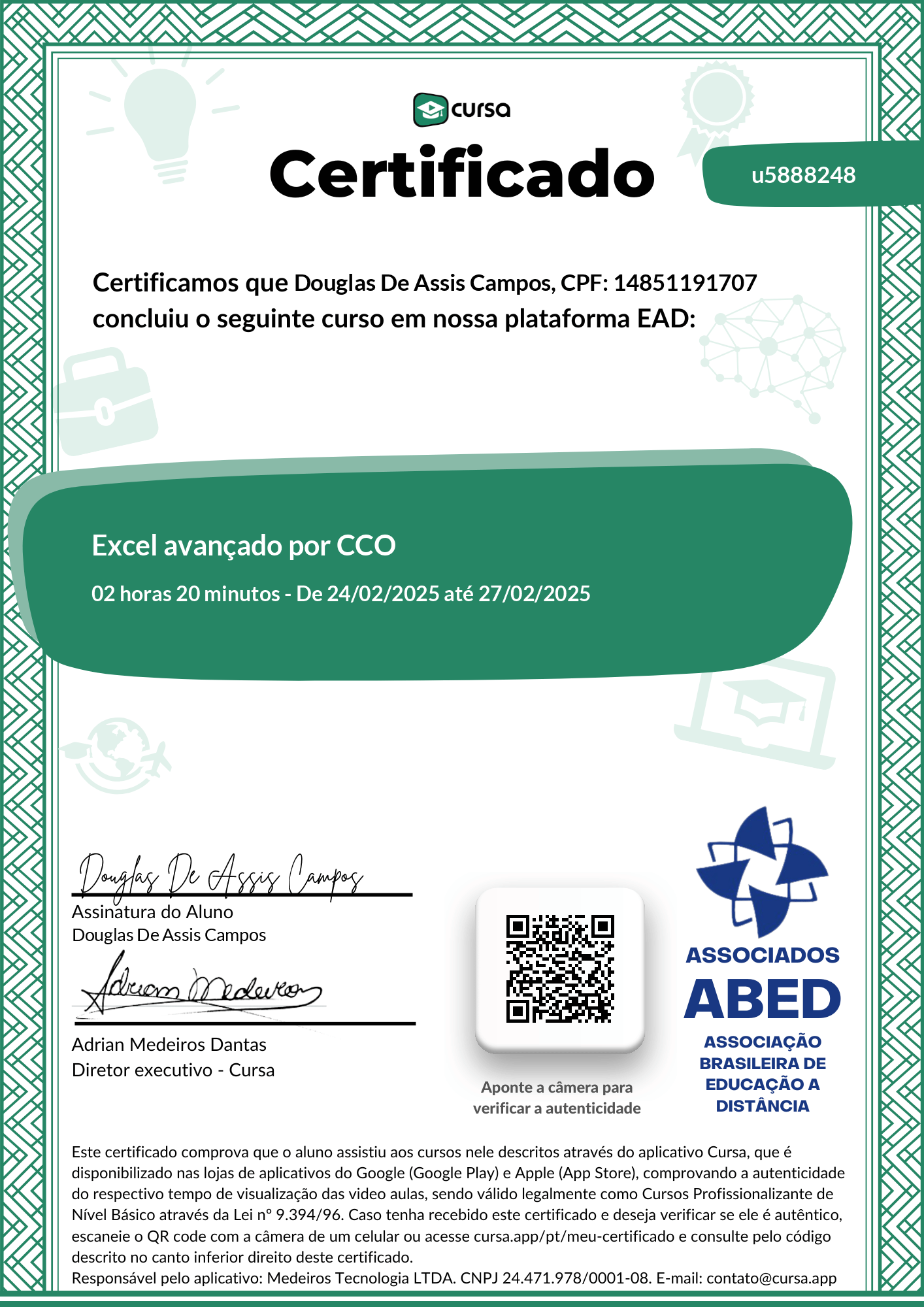 Imagem do meu Certificado gratuito de conclusão de curso.