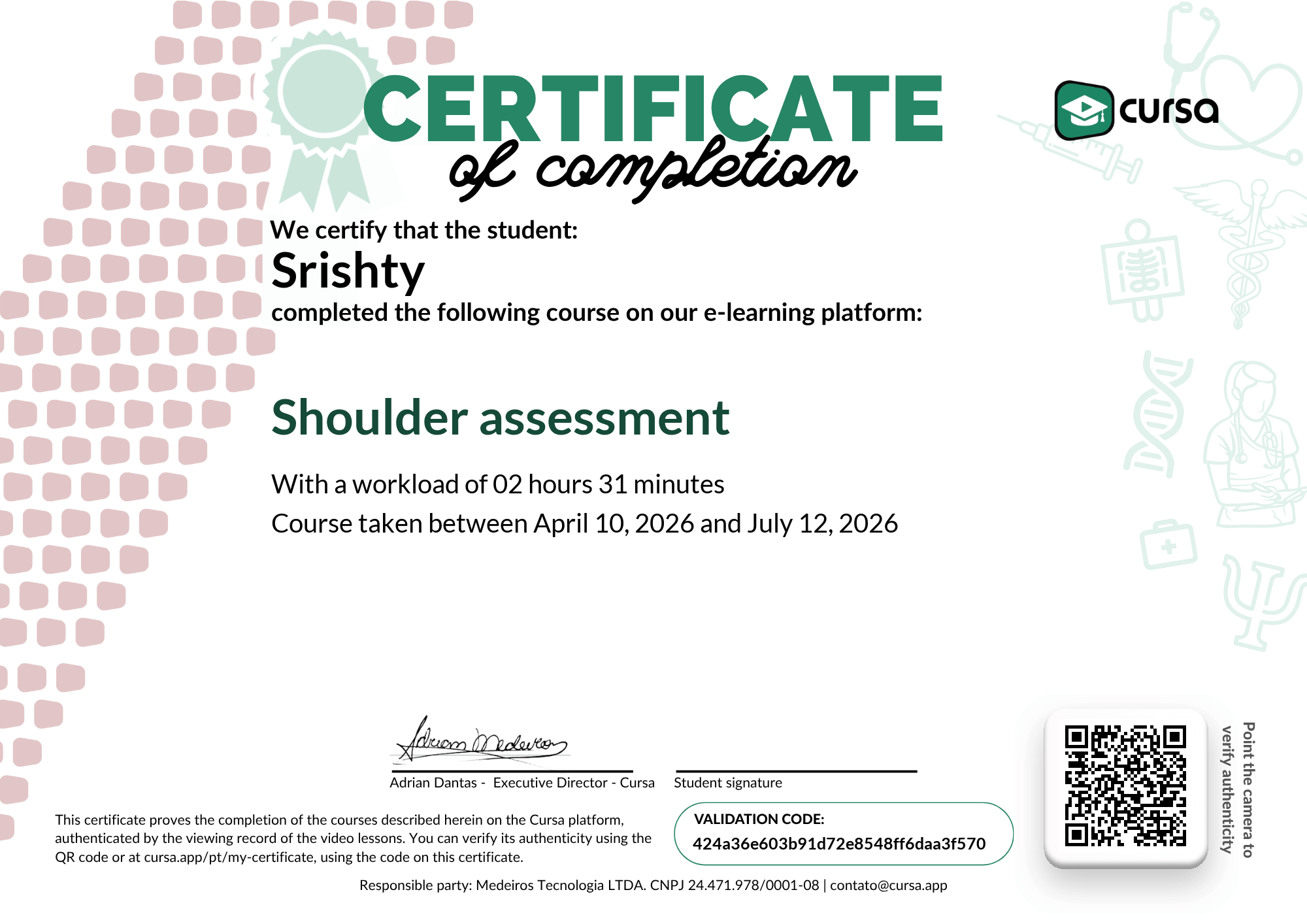 Image of my free Course Completion Certificate.