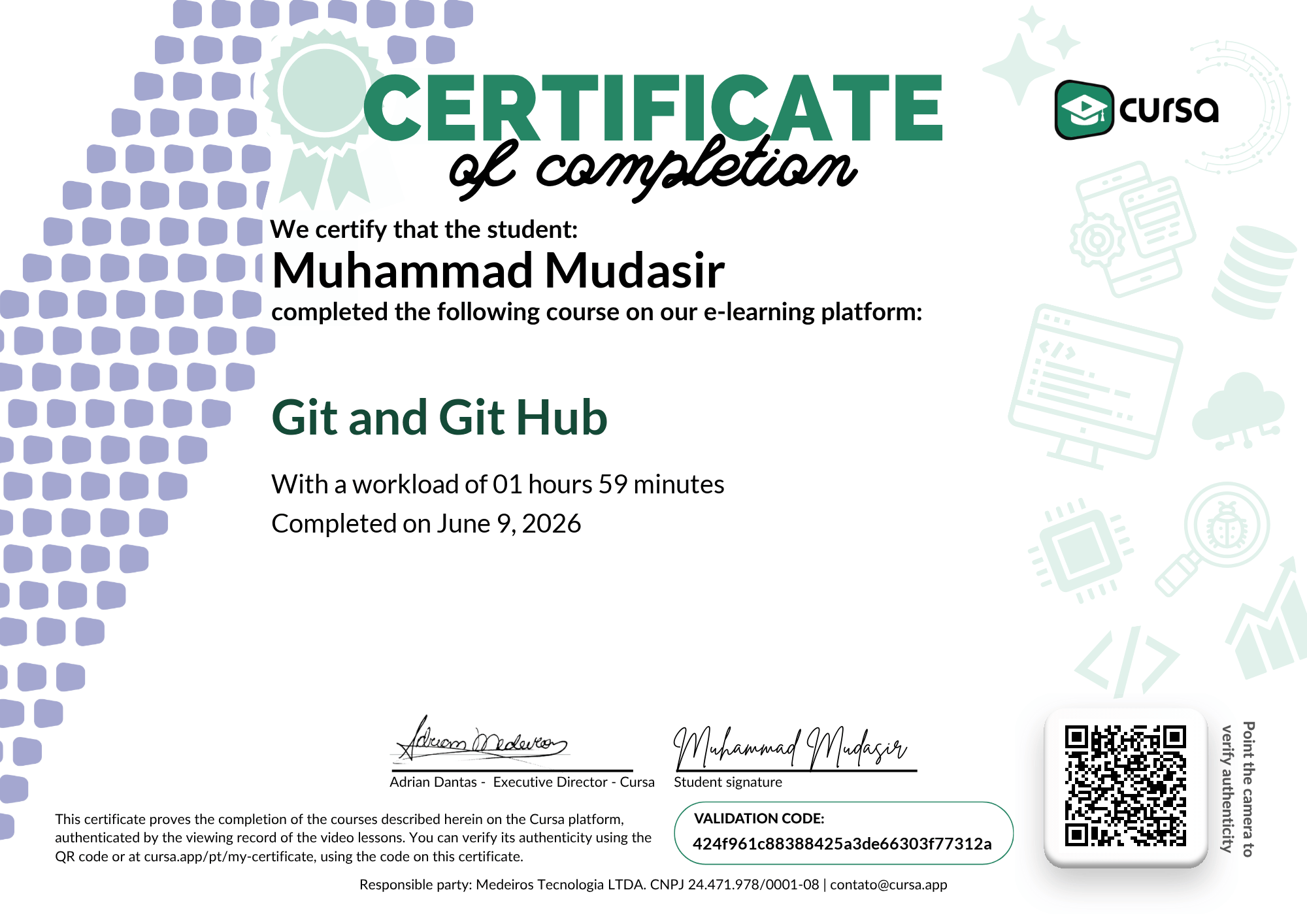 Image of my free Course Completion Certificate.
