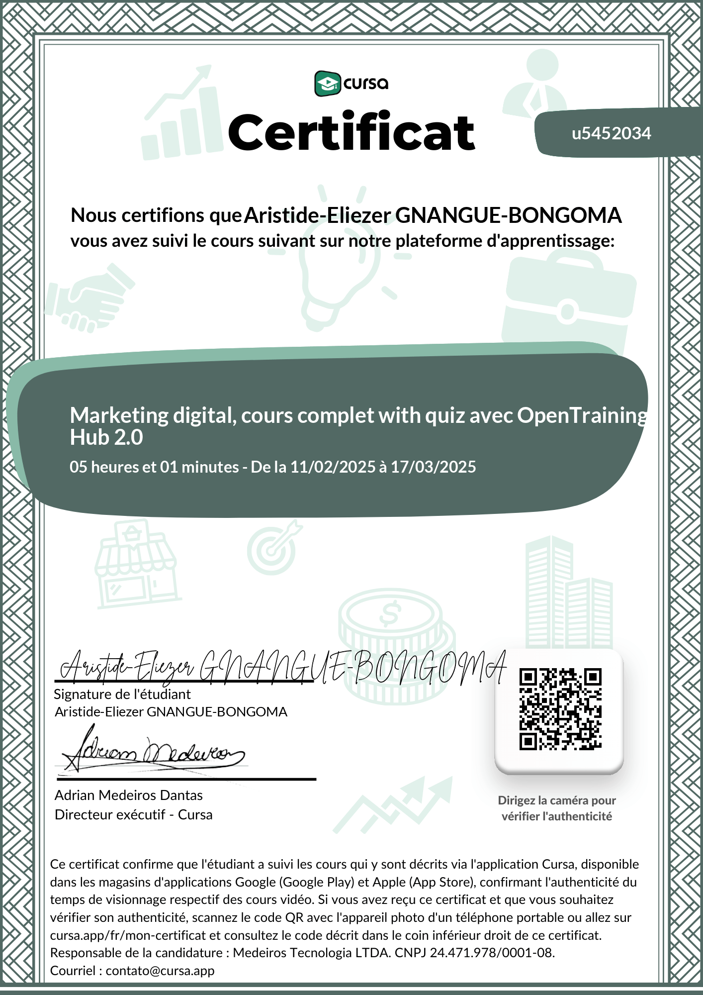 Image de mon certificat de fin de cours gratuit.