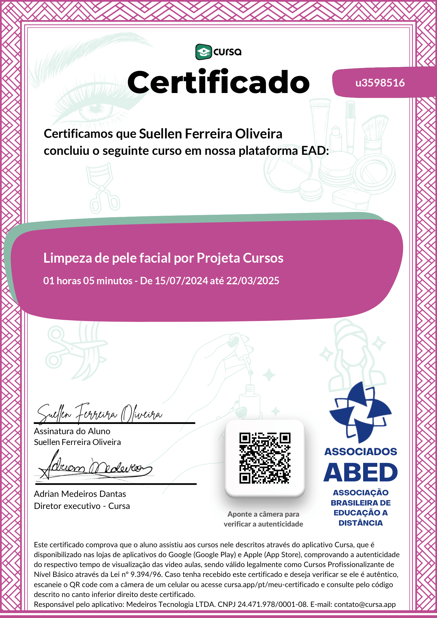 Imagem do meu Certificado gratuito de conclusão de curso.