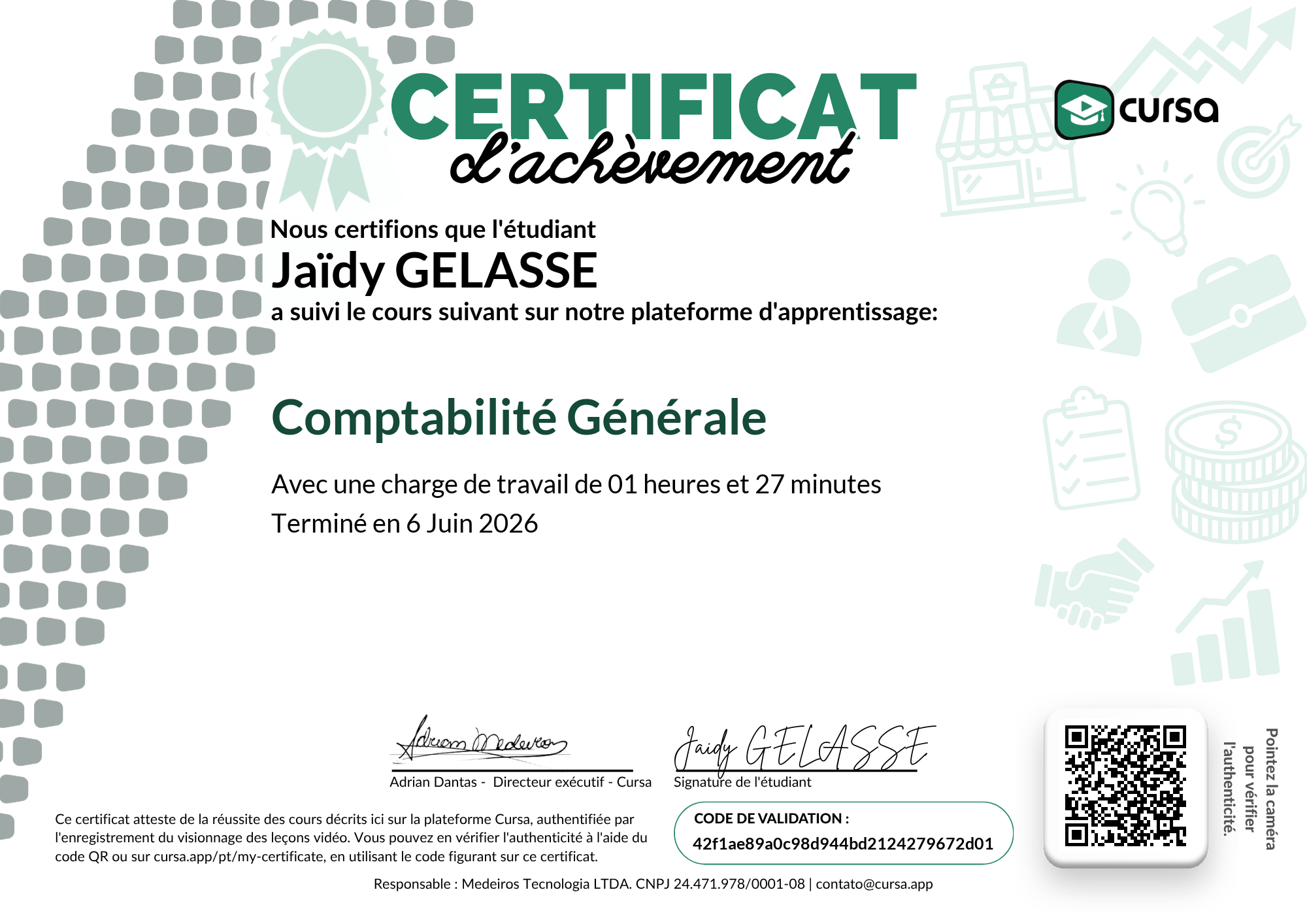 Image de mon certificat de fin de cours gratuit.