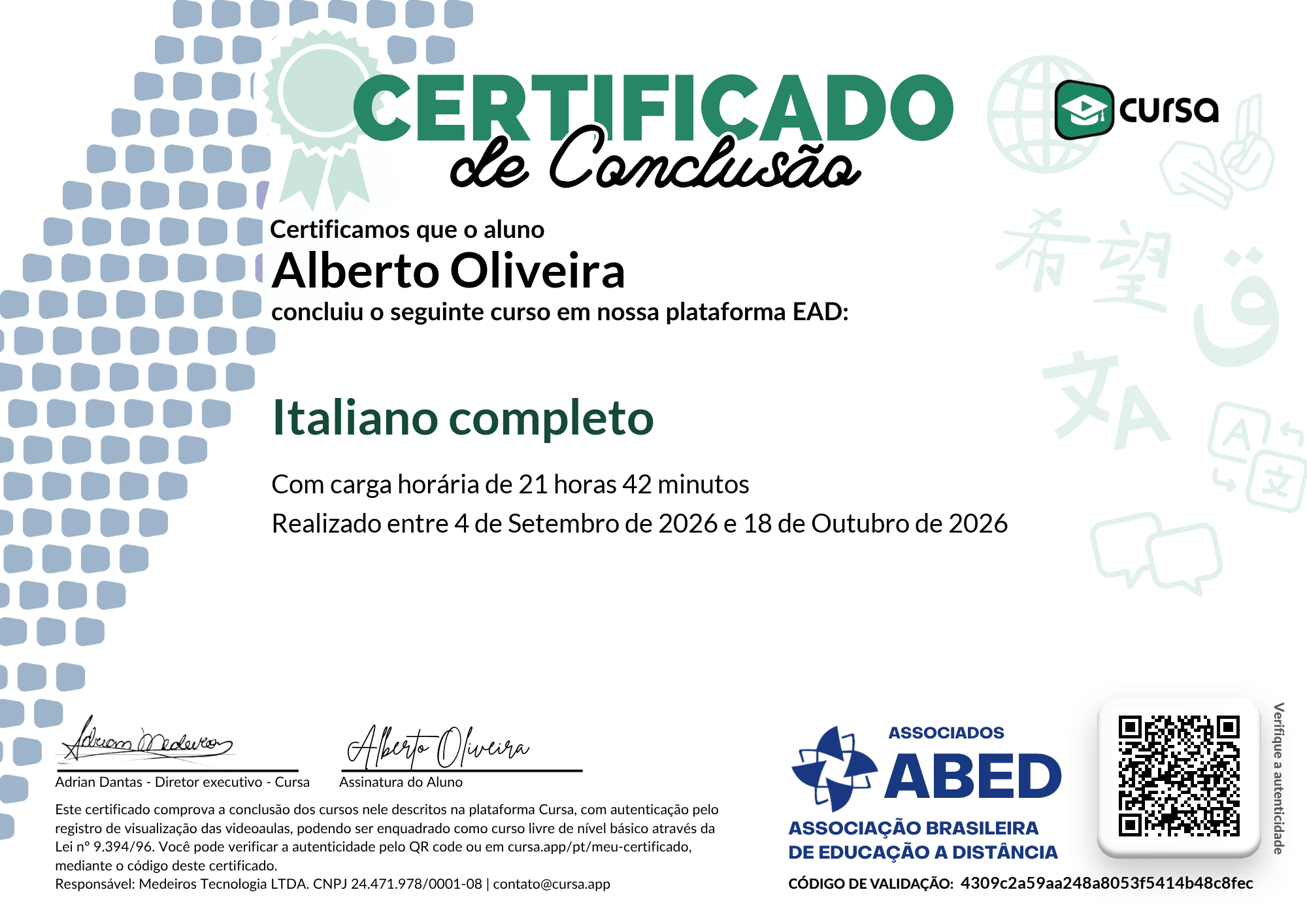 Imagem do meu Certificado gratuito de conclusão de curso.