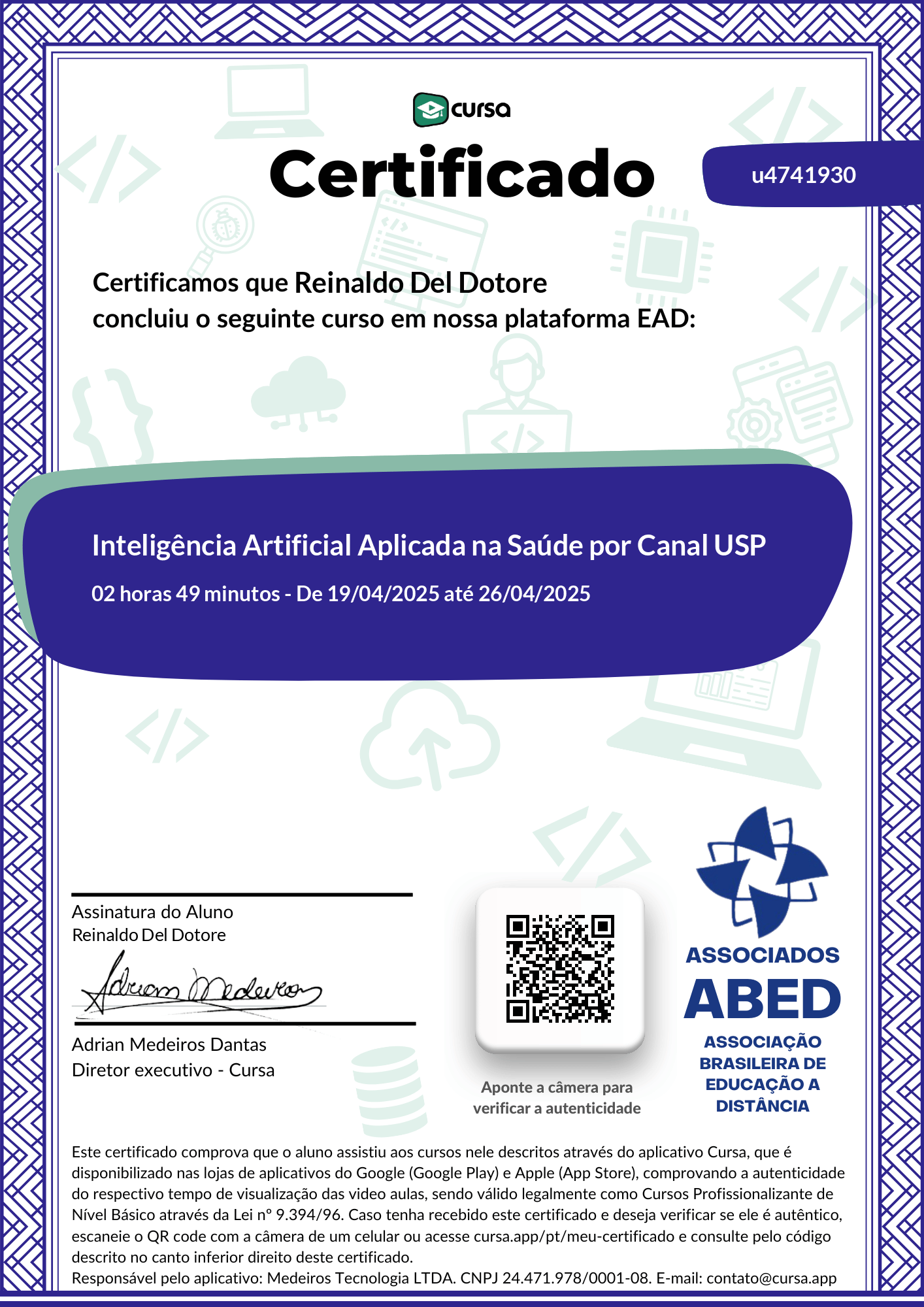 Imagem do meu Certificado gratuito de conclusão de curso.