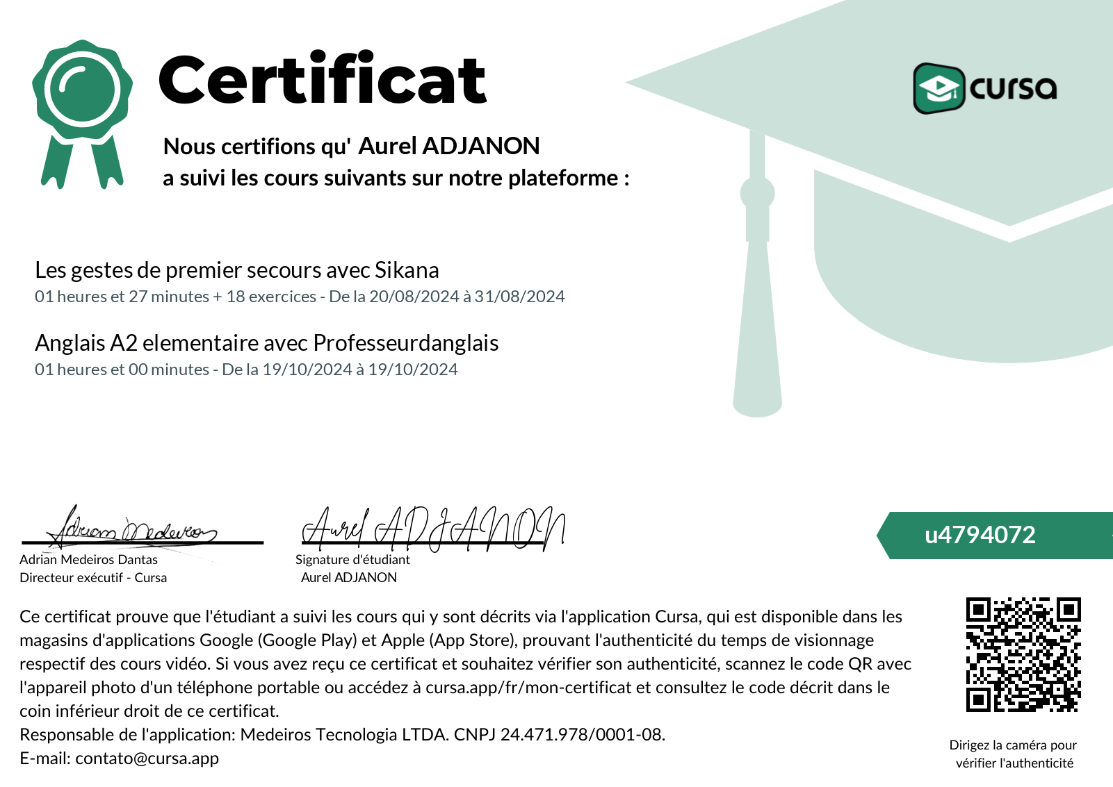 Image de mon certificat de fin de cours gratuit.