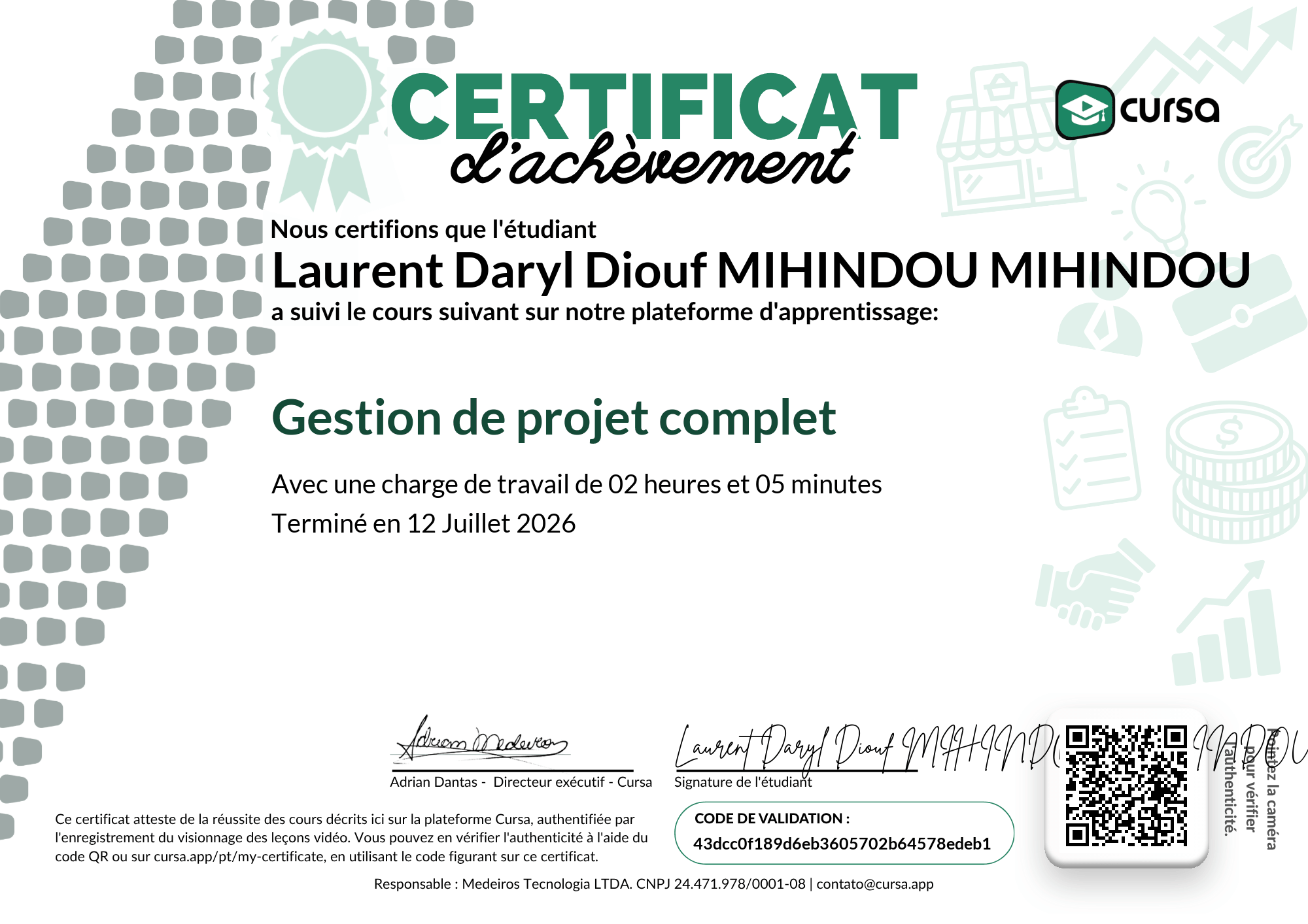 Image de mon certificat de fin de cours gratuit.
