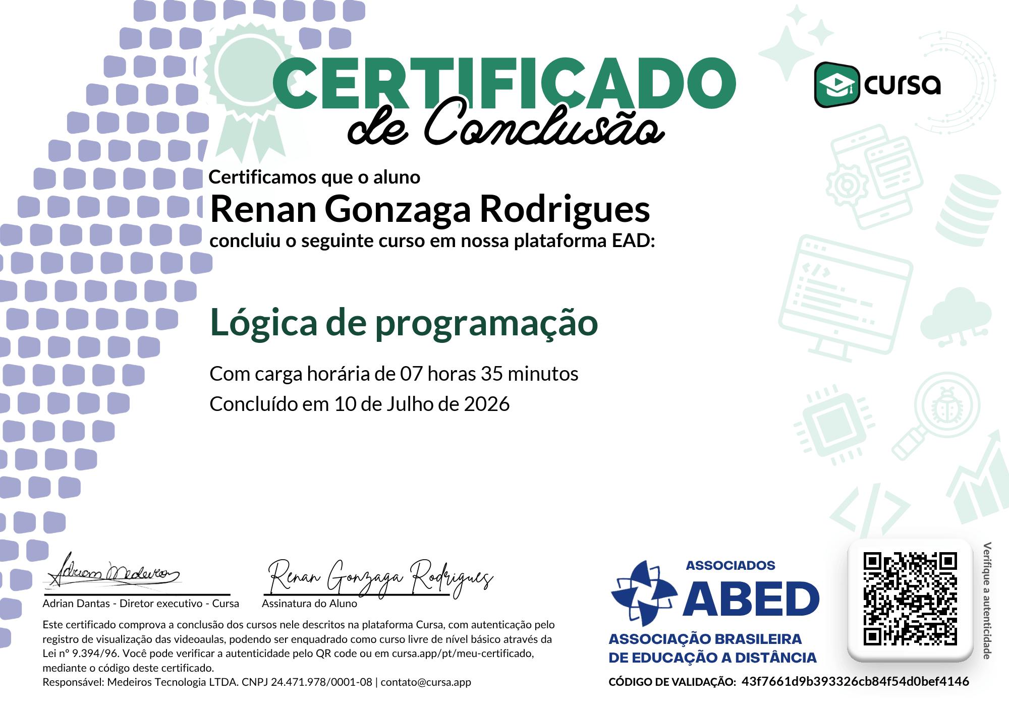 Imagem do meu Certificado gratuito de conclusão de curso.