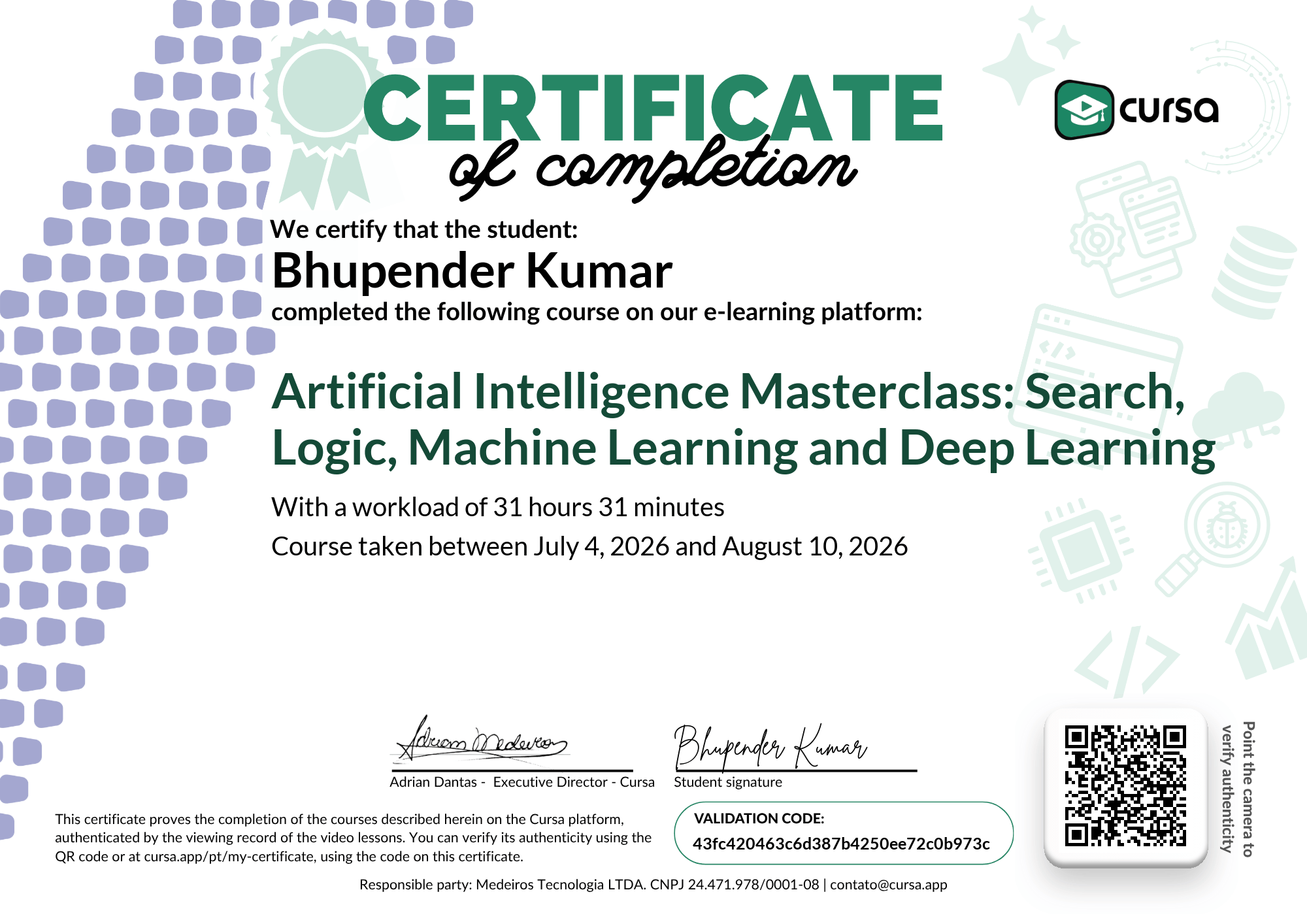 Image of my free Course Completion Certificate.