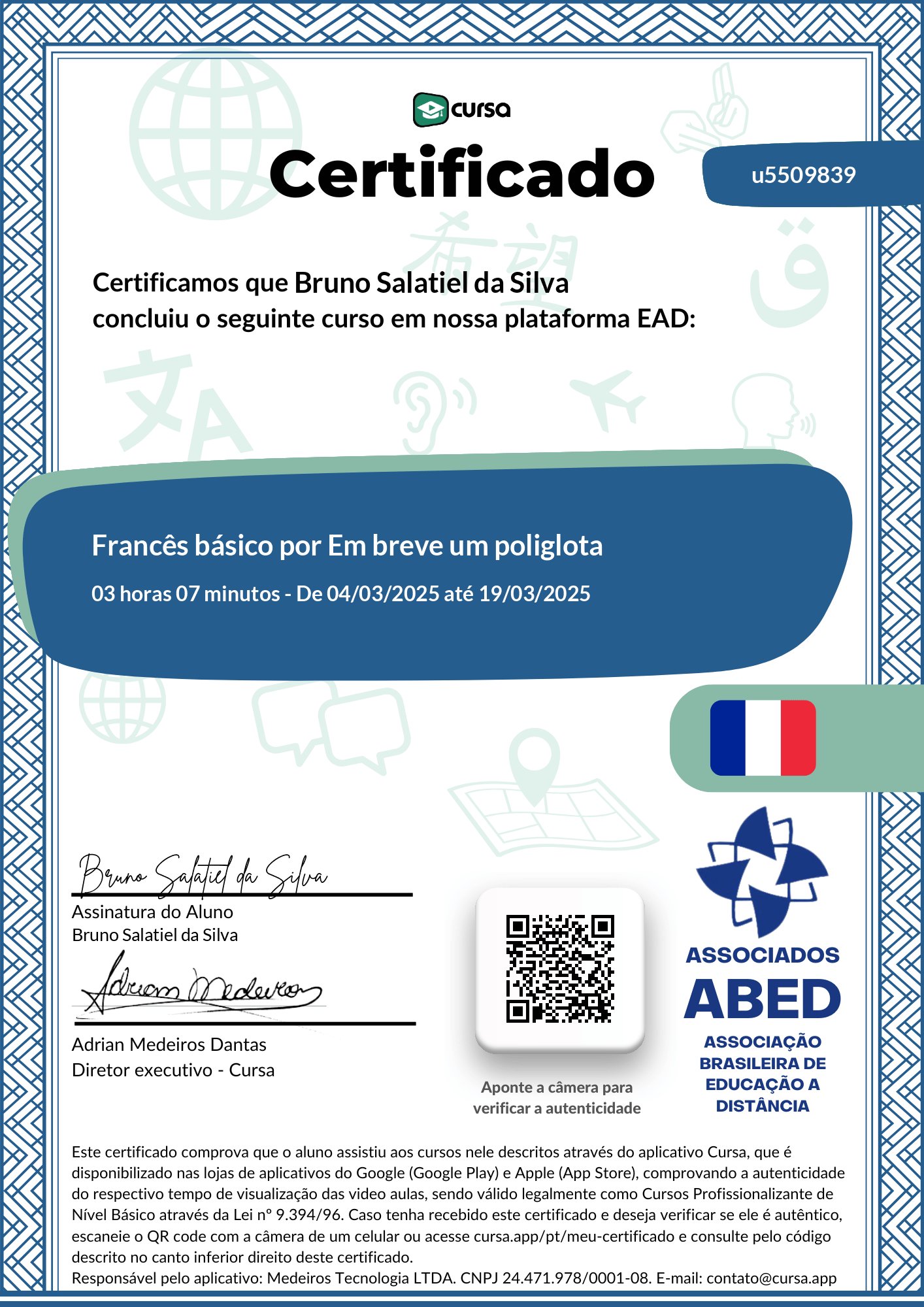 Imagem do meu Certificado gratuito de conclusão de curso.