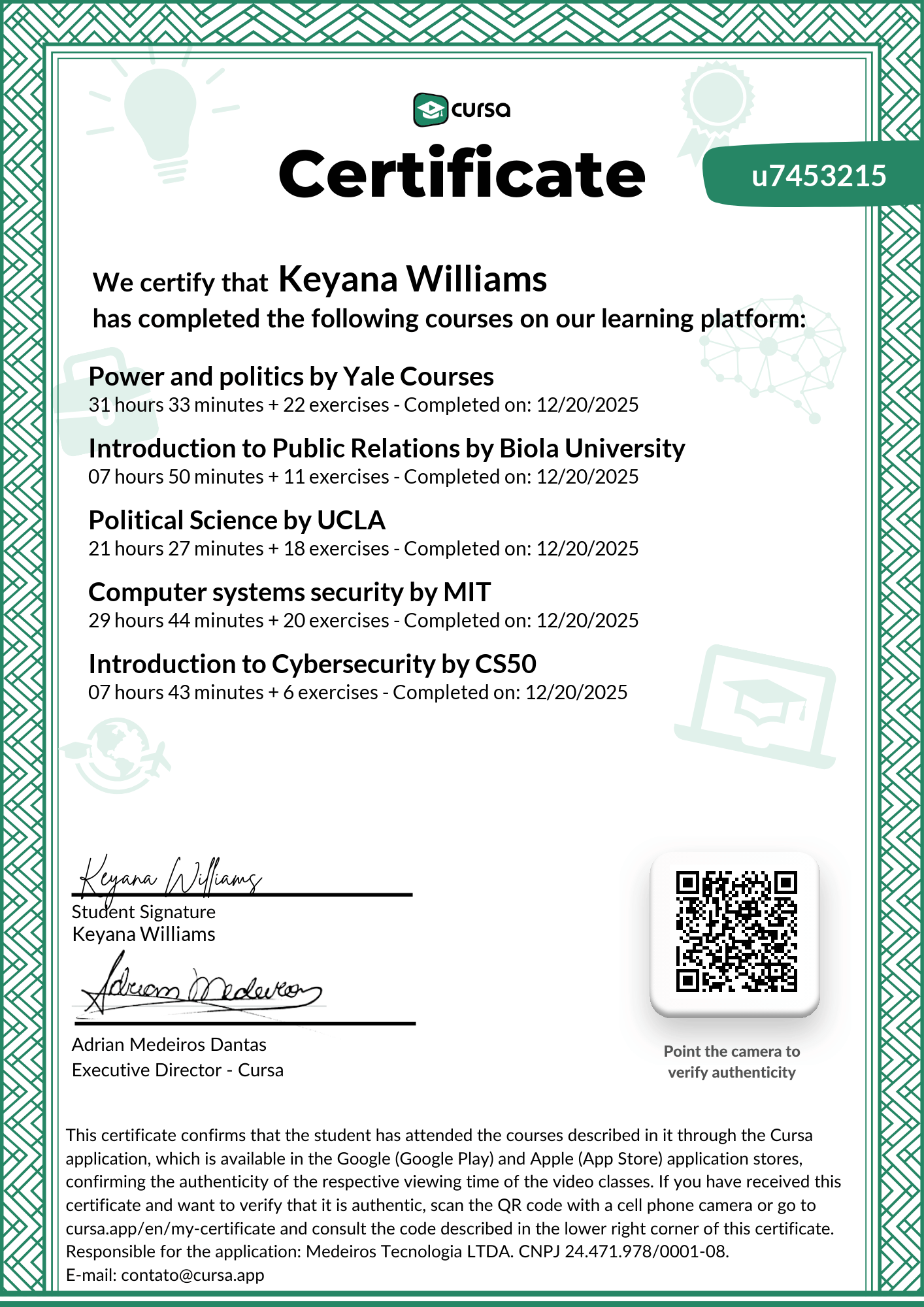 Image of my free Course Completion Certificate.