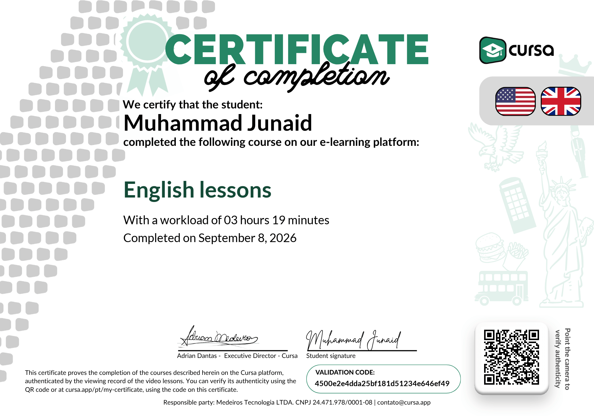 Image of my free Course Completion Certificate.