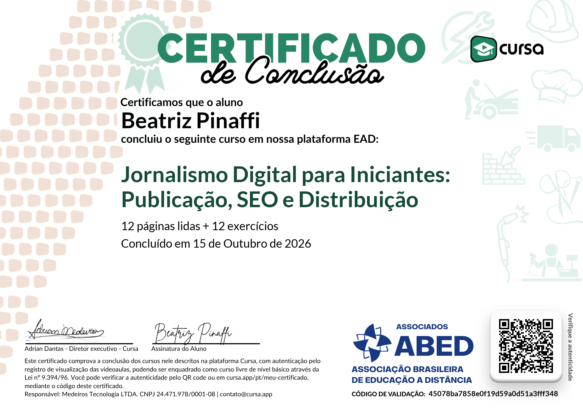 Imagem do meu Certificado gratuito de conclusão de curso.