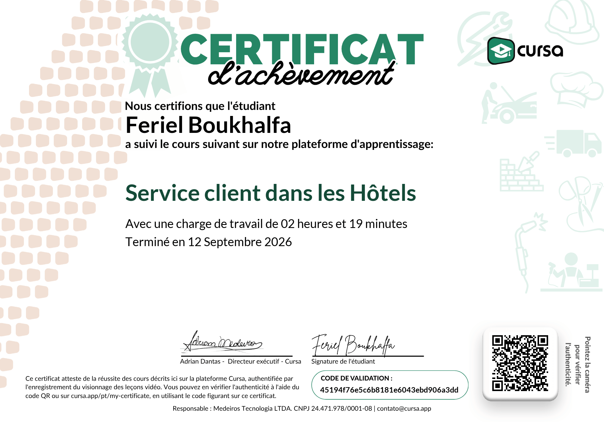 Image de mon certificat de fin de cours gratuit.