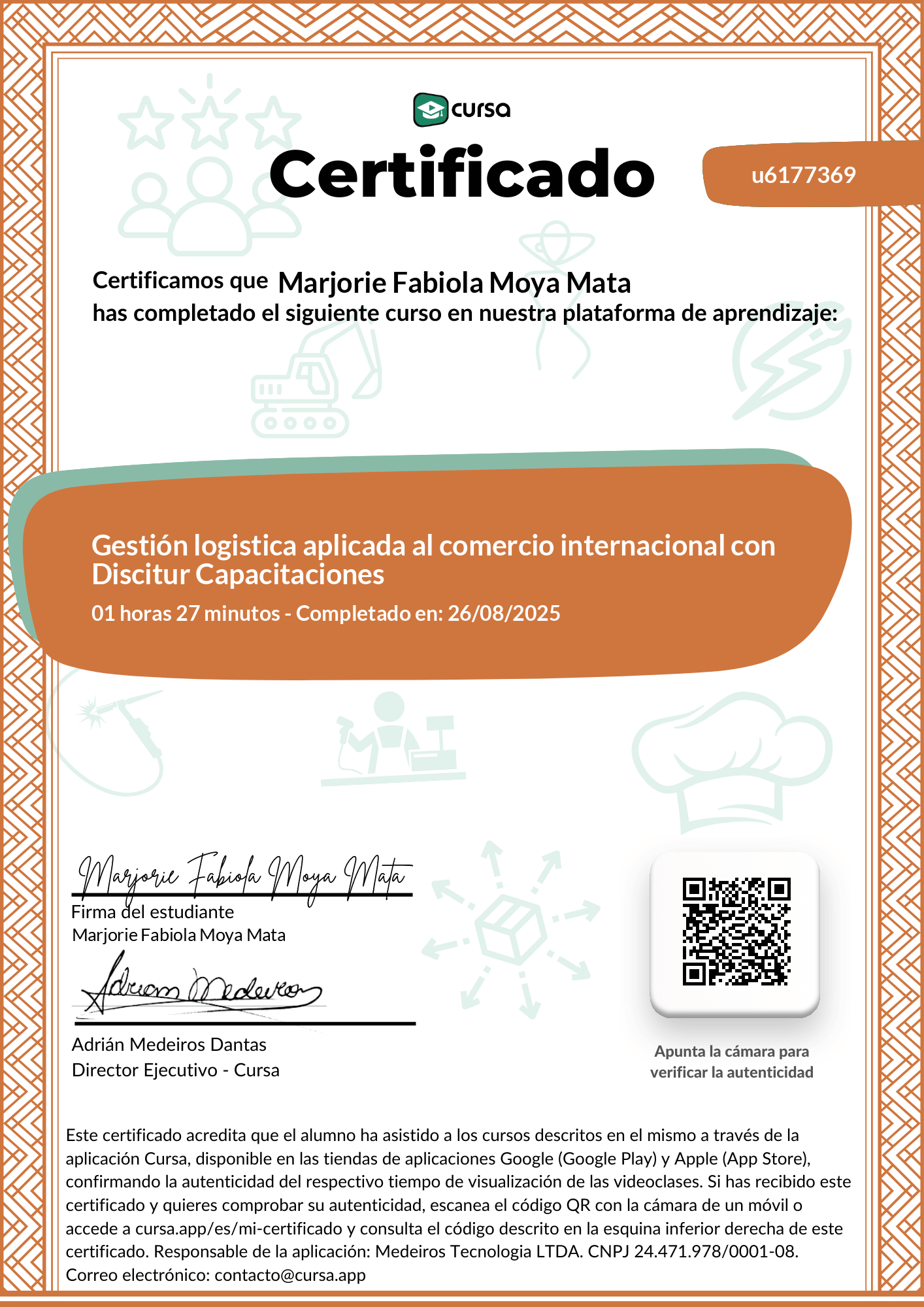 Imagen de mi Certificado de finalización del curso gratuito.