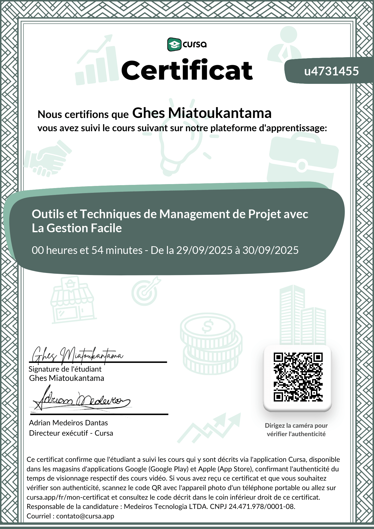 Image de mon certificat de fin de cours gratuit.