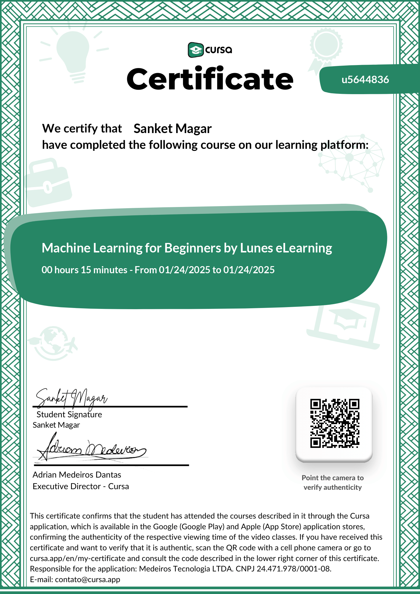 Image of my free Course Completion Certificate.