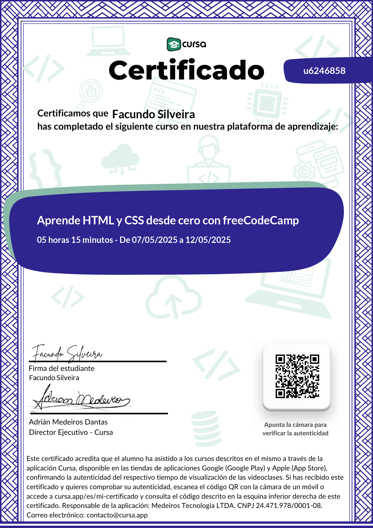 Imagen de mi Certificado de finalización del curso gratuito.