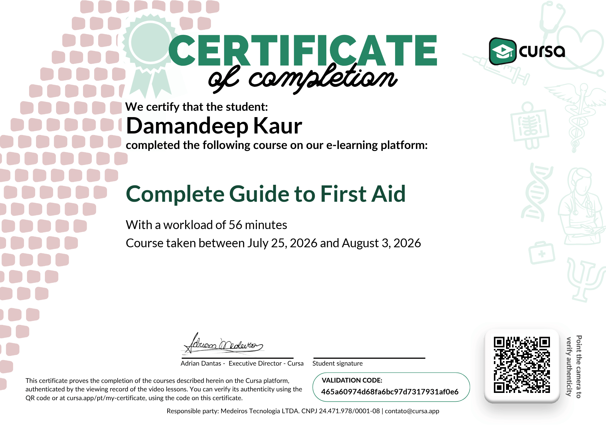 Image of my free Course Completion Certificate.