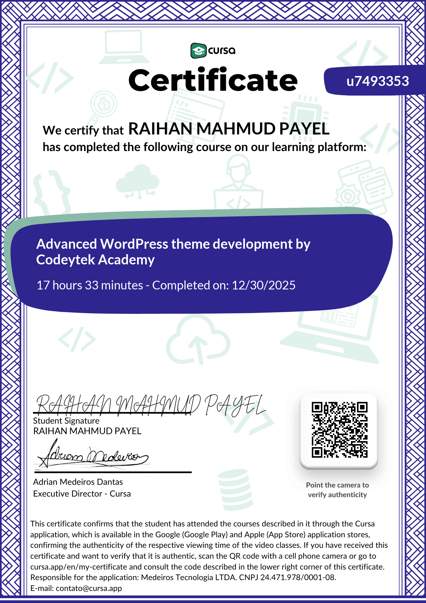 Image of my free Course Completion Certificate.