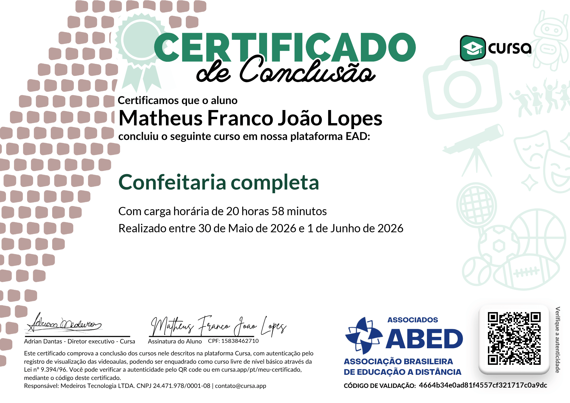 Imagem do meu Certificado gratuito de conclusão de curso.