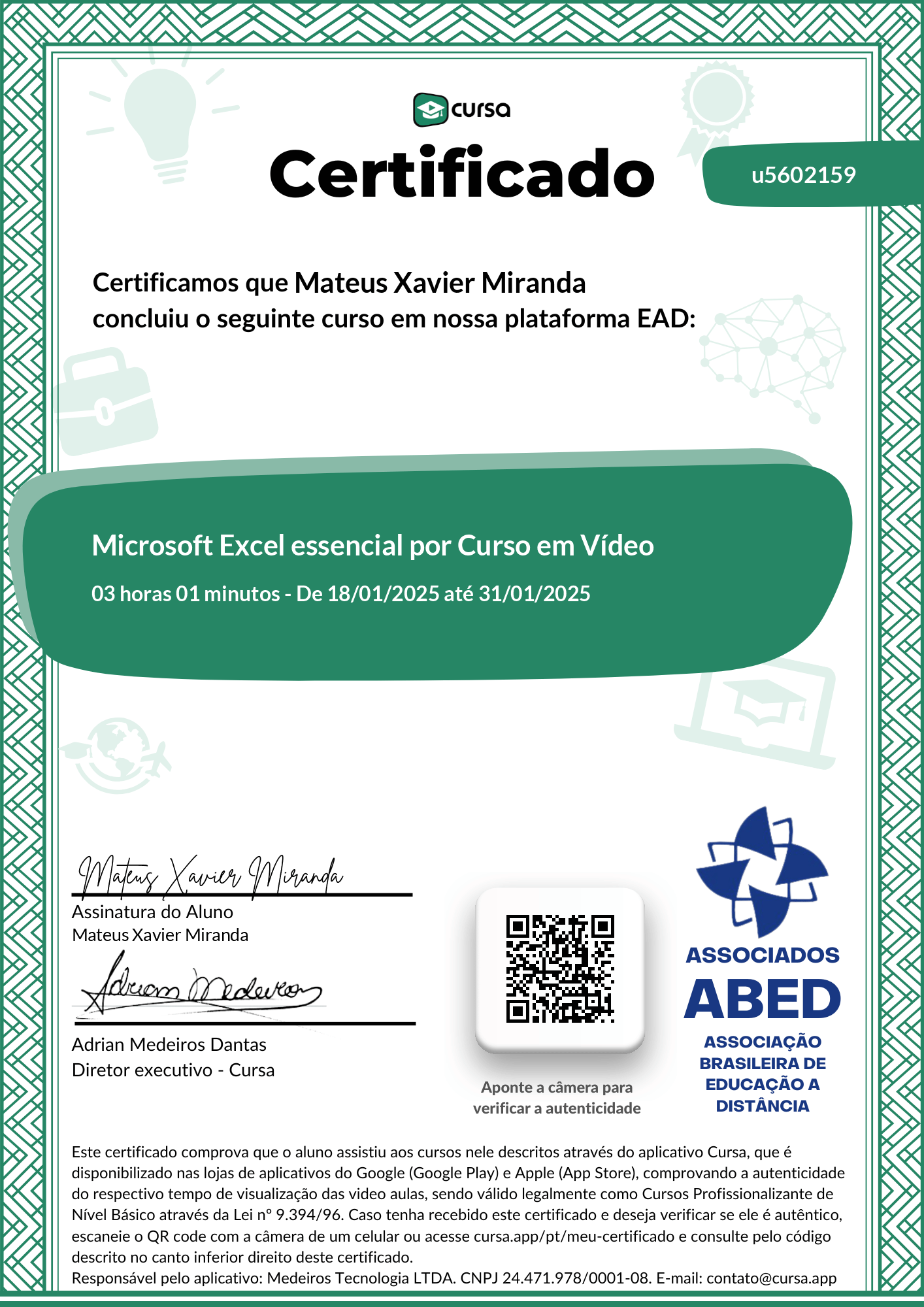 Imagem do meu Certificado gratuito de conclusão de curso.