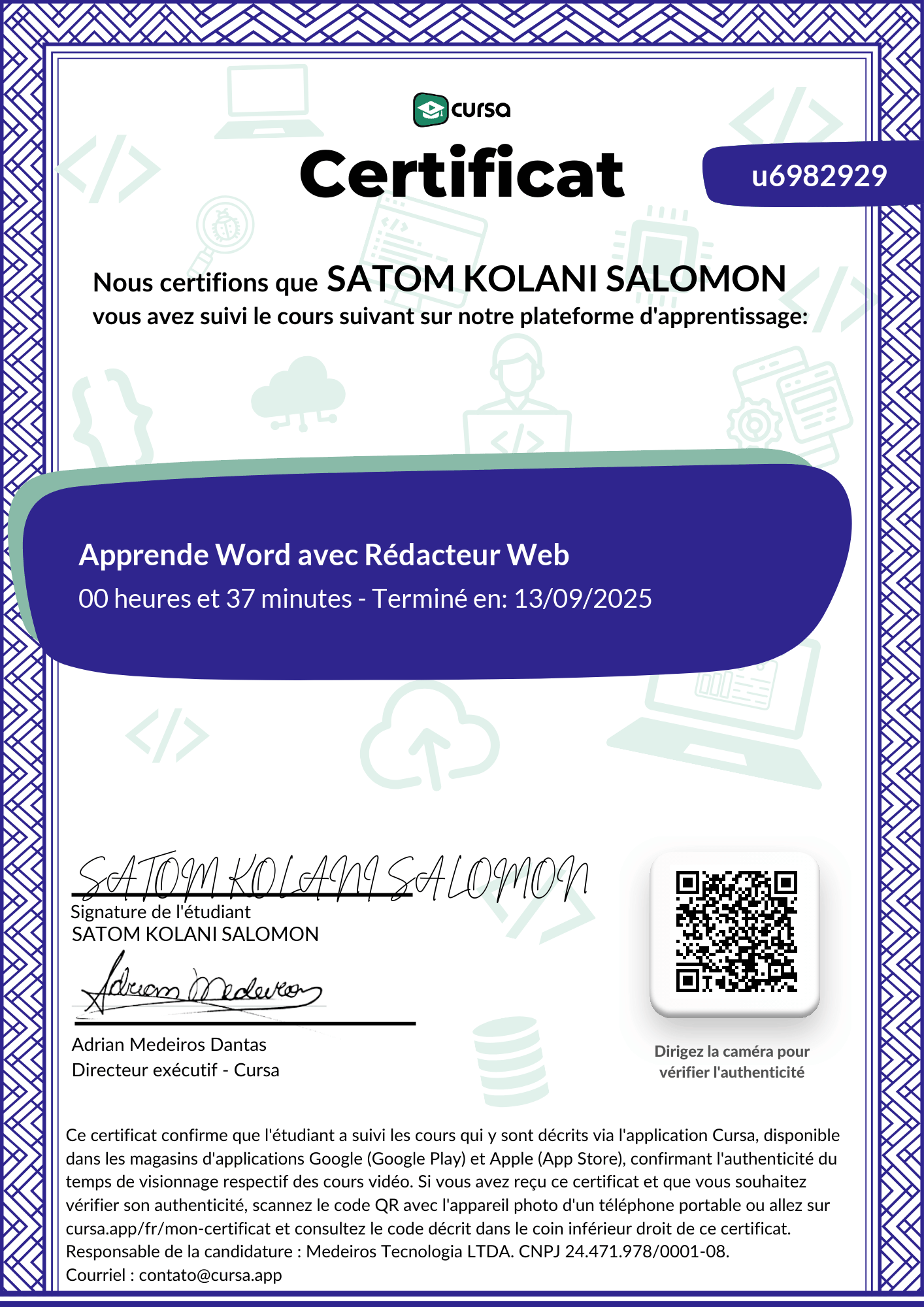 Image de mon certificat de fin de cours gratuit.
