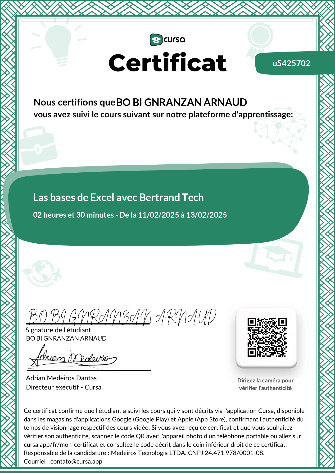 Image de mon certificat de fin de cours gratuit.