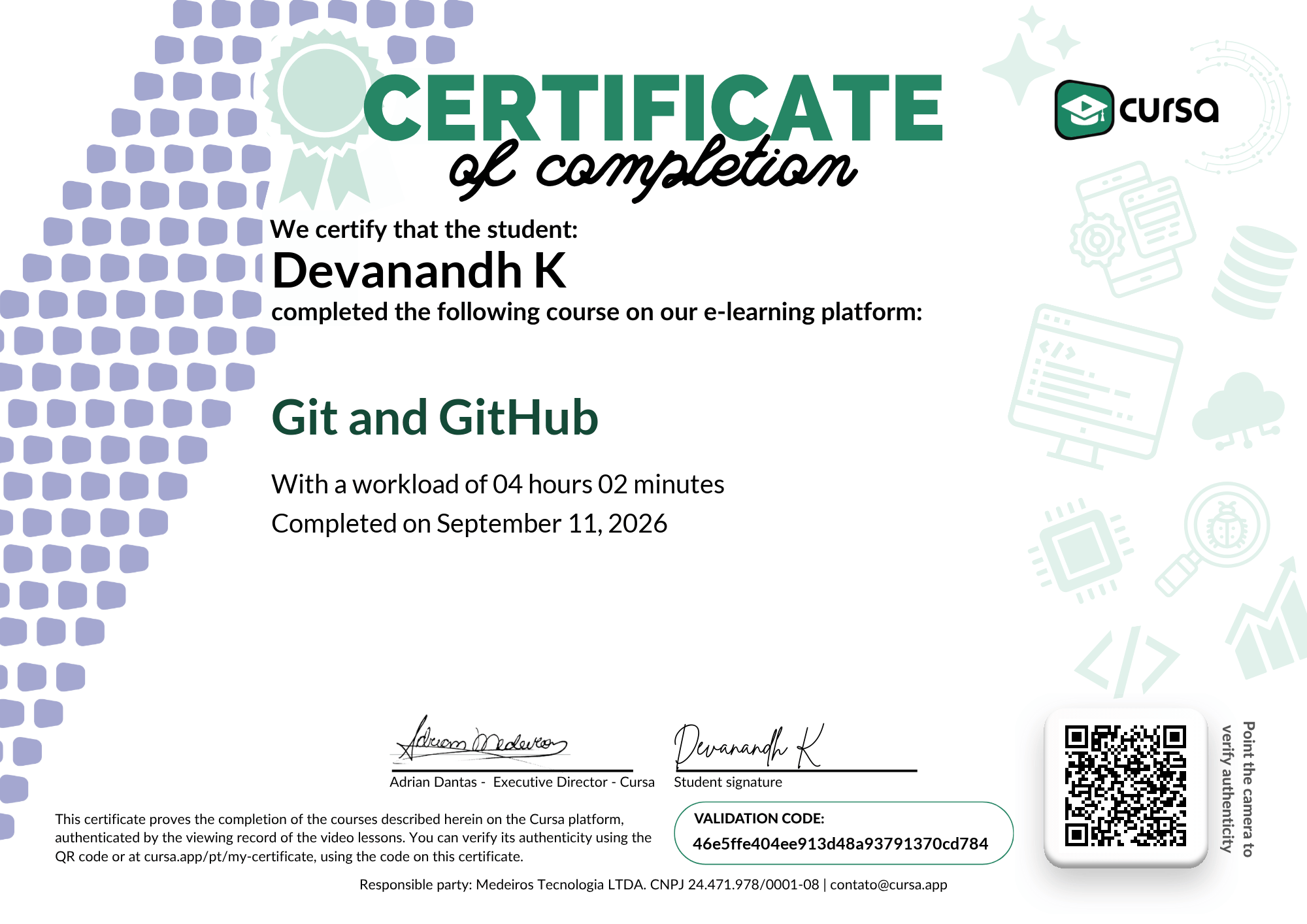 Image of my free Course Completion Certificate.