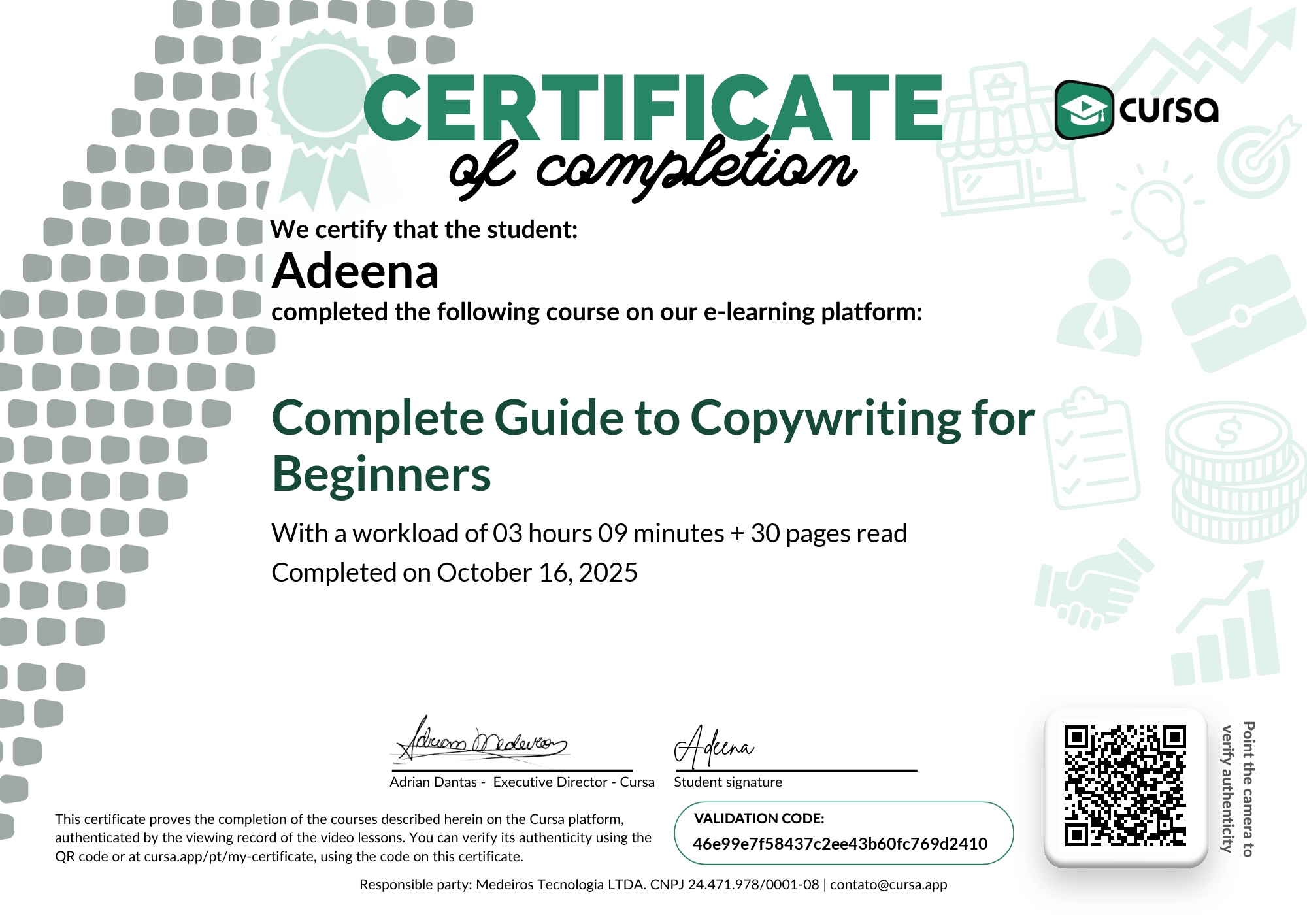 Image of my free Course Completion Certificate.